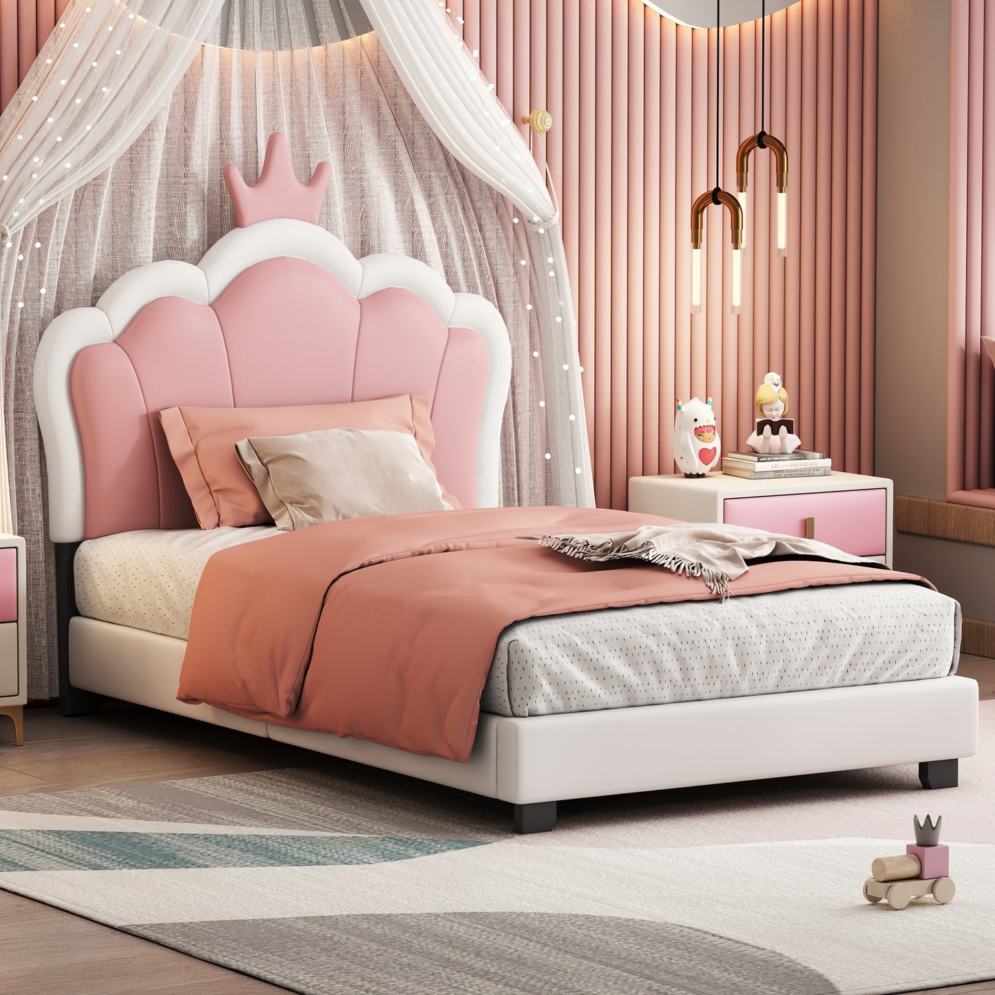 HSUNNS Twin Size Girl Bed with Crown Headboard, Soft PU Upholstered Princess Platform Bed Frame, No Spring Box Needed, Easy Assembly, Cream+Pink