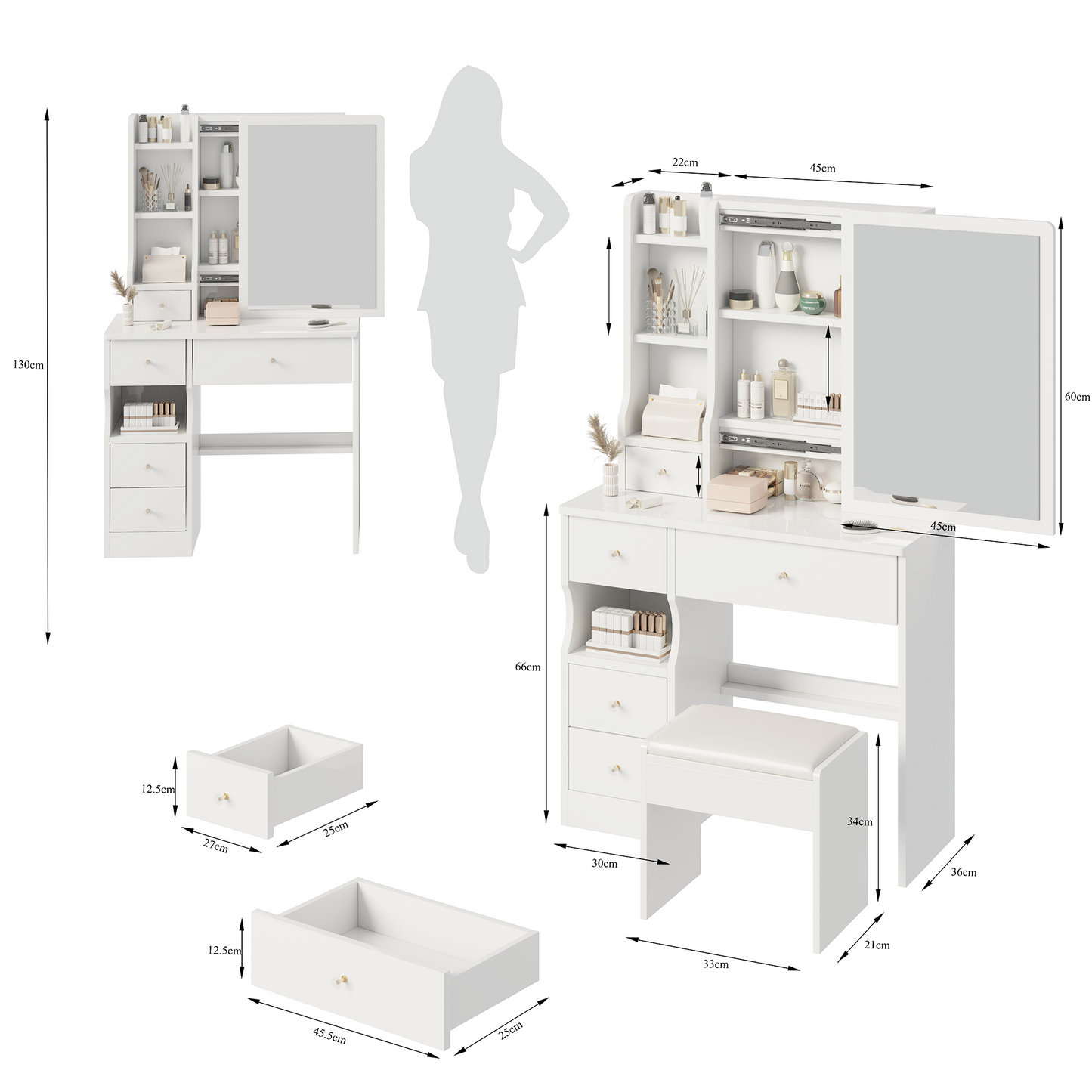 HSUNNS Makeup Vanity Table Set with Mirror, Modern 5 Drawers Dressing Desk with Cushion Stool and Storage Shelves, Vanity Desk with Right Sliding Mirror, Bedroom Vanities Set for Girls, White