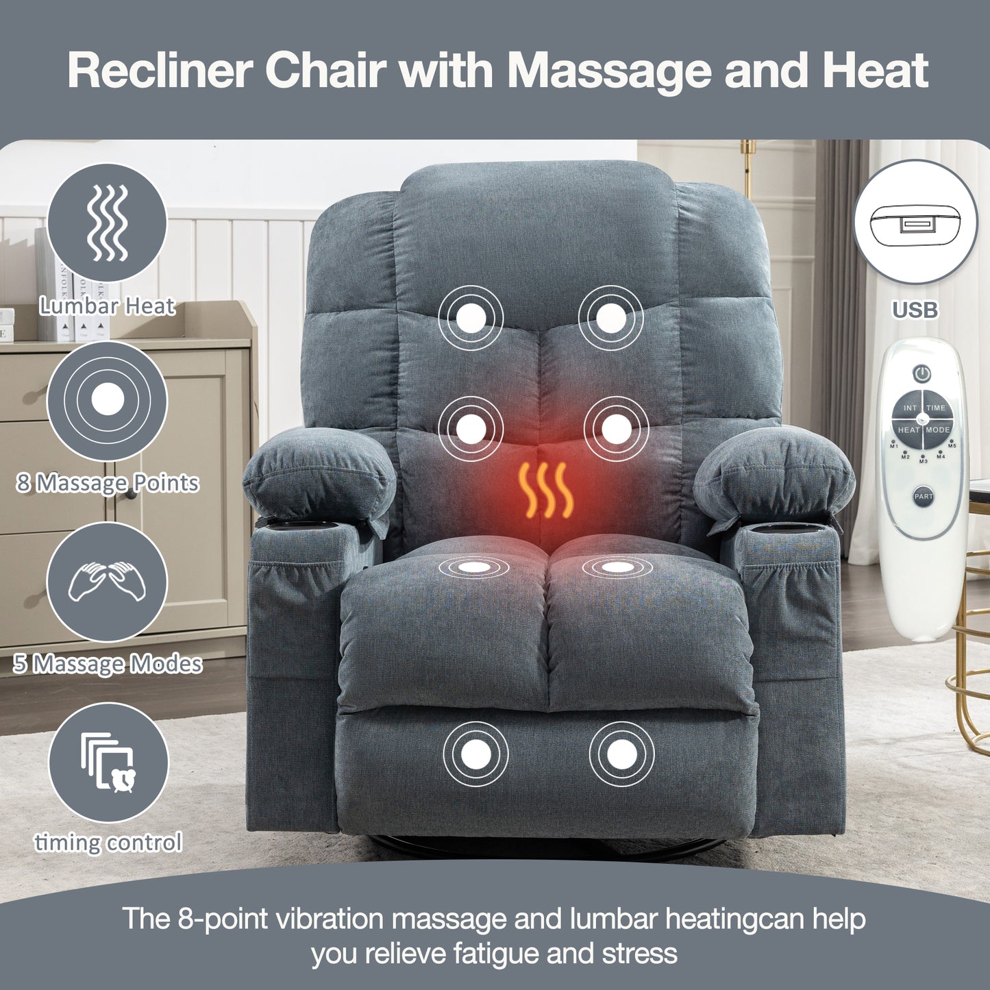 HSUNNS Swivel Recliner Chair for Adults, Living Room Fabric Recliner Chair with Massage and Heat, Single Sofa with USB Port, Cup Holder, Side and Front Pocket, Blue