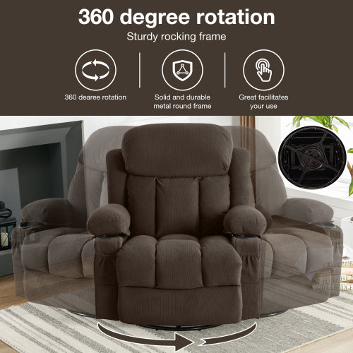HSUNNS Manual Recliner Chair with Heat Therapy and Massage Function, Swivel Reclining Mechanism Massage Chair, Single Rocker Sofa with Cup Holders for Bedroom Home Theater, Coffee