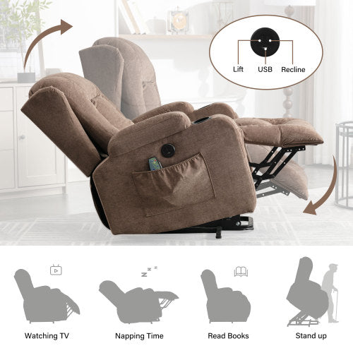 HSUNNS Power Lift Recliner Chair for Adults, Remote Control Vibration Massage and Heating Living Room Reclining with 2 Cup Holders and Side Pockets, USB Ports, Silent Operation, Brown