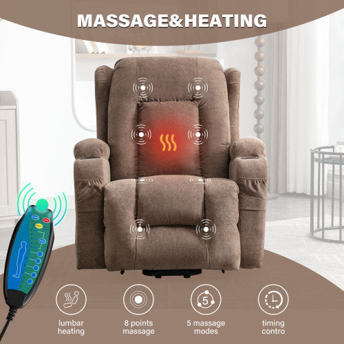 HSUNNS Power Lift Recliner Chair for Adults, Remote Control Vibration Massage and Heating Living Room Reclining with 2 Cup Holders and Side Pockets, USB Ports, Silent Operation, Brown