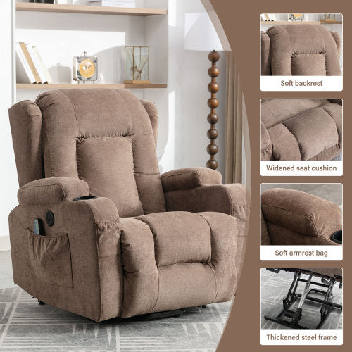 HSUNNS Power Lift Recliner Chair for Adults, Remote Control Vibration Massage and Heating Living Room Reclining with 2 Cup Holders and Side Pockets, USB Ports, Silent Operation, Brown