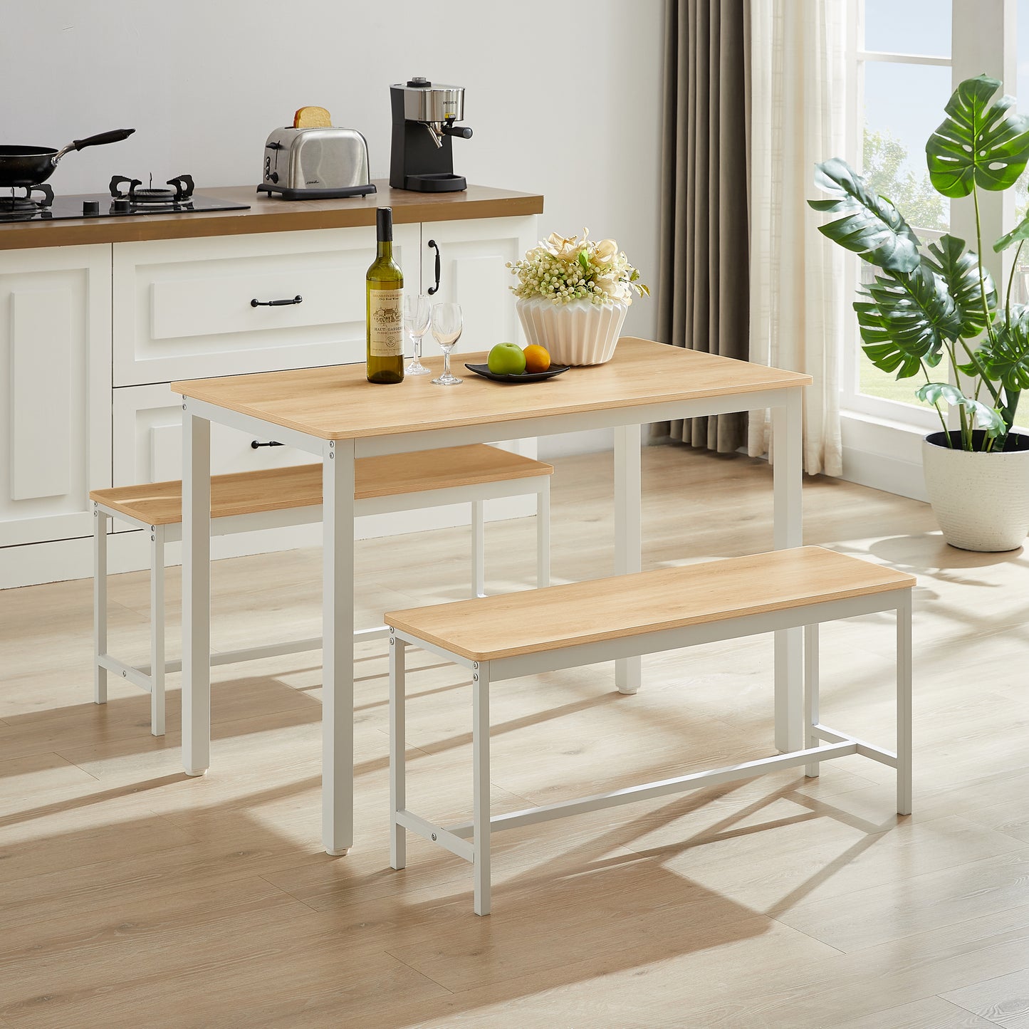 HSUNNS Farmhouse 3-Piece Dining Table Set for 4, Small Kitchen Table Set with 2 Benches for Apartment Dining Room