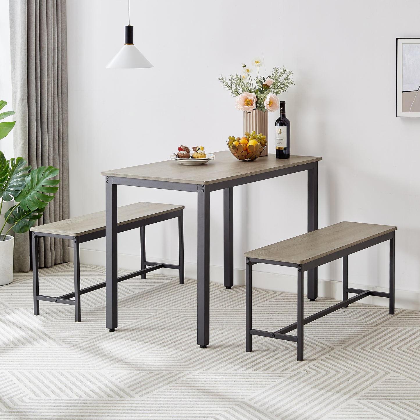 HSUNNS Farmhouse 3-Piece Dining Table Set for 4, Small Kitchen Table Set with 2 Benches for Apartment Dining Room