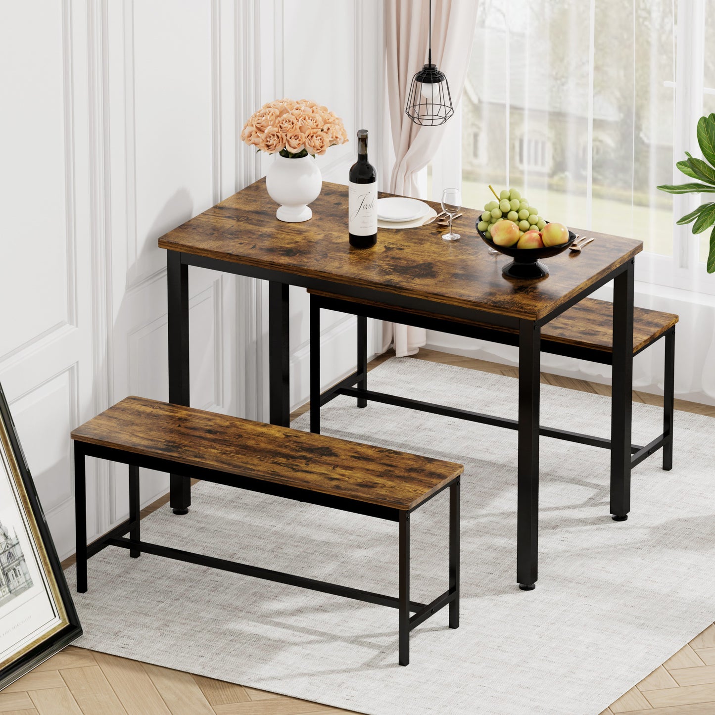 HSUNNS Farmhouse 3-Piece Dining Table Set for 4, Small Kitchen Table Set with 2 Benches for Apartment Dining Room