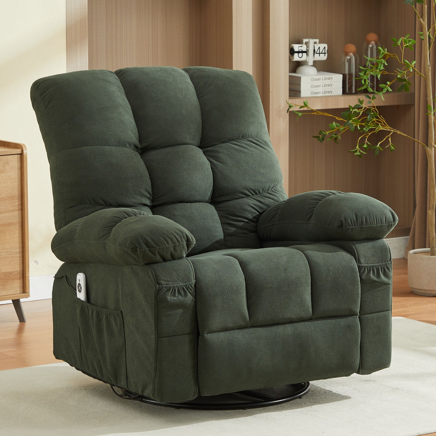 HSUNNS Oversized Swivel Recliner Chair for Adults, Living Room Fabric Recliner Chair with Massage and Heat, Single Sofa with USB Port, Side and Front Pocket, Green