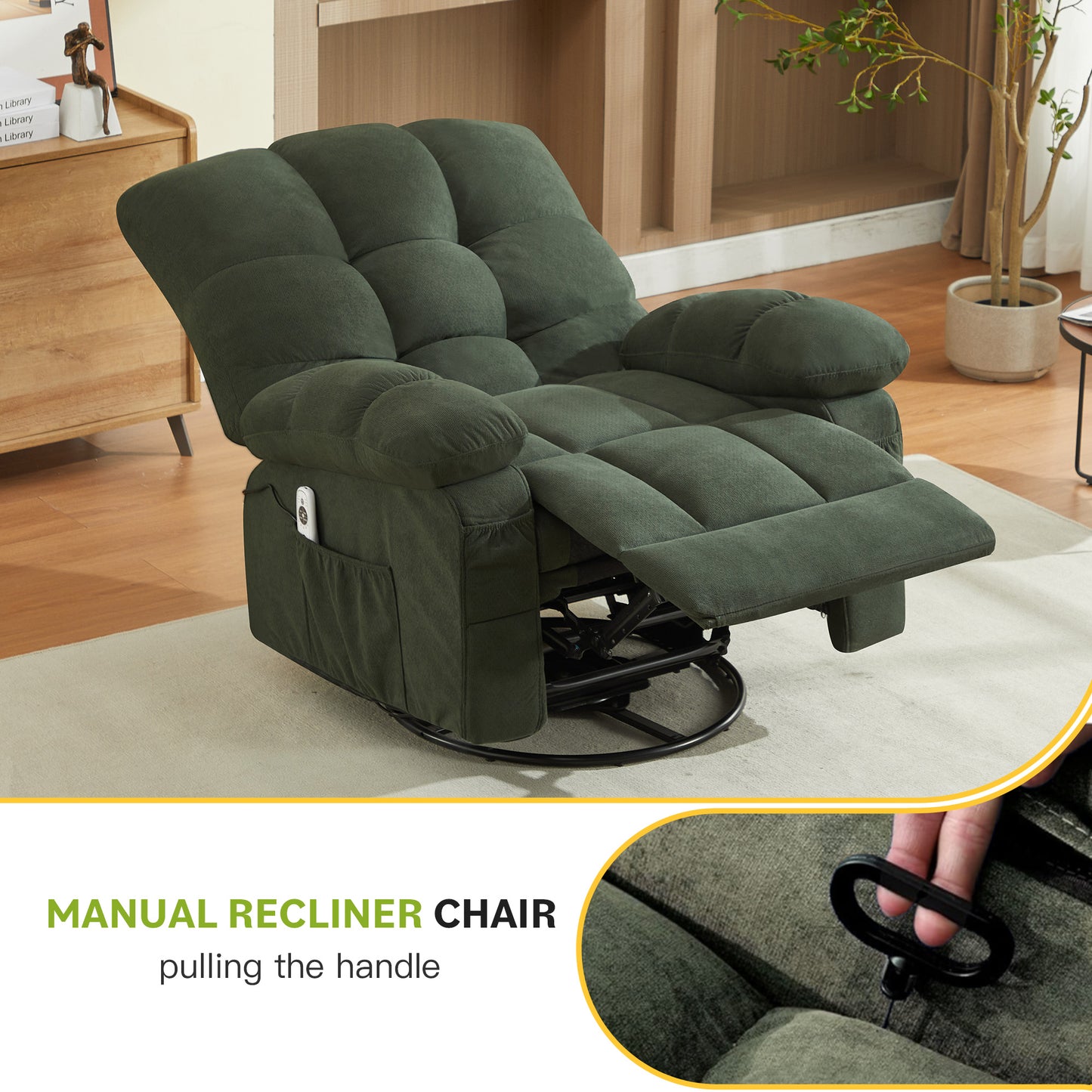 HSUNNS Oversized Swivel Recliner Chair for Adults, Living Room Fabric Recliner Chair with Massage and Heat, Single Sofa with USB Port, Side and Front Pocket, Green