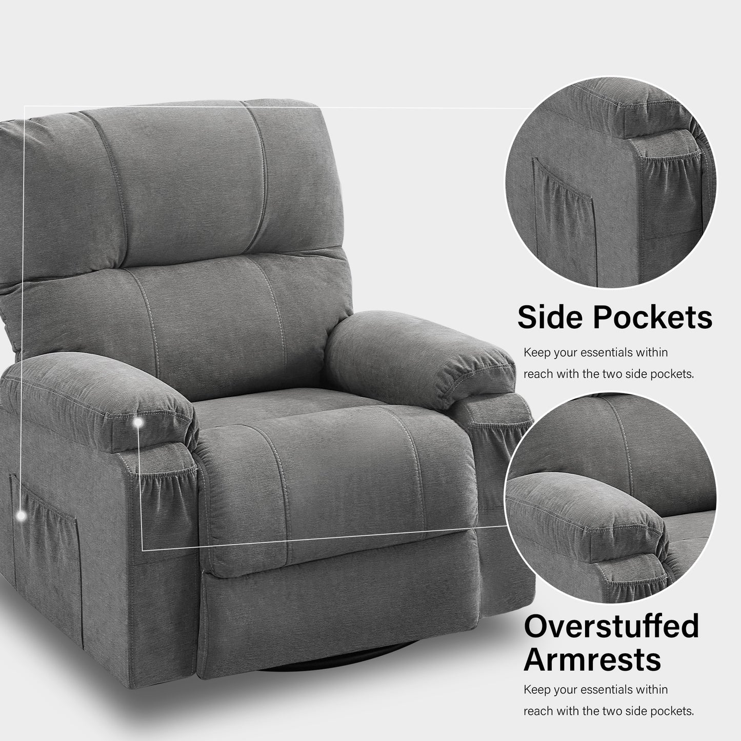 HSUNNS Swivel Recliner Chair for Adults, Oversized Recliner with 2 Side Pockets and 2 Front Pockets, Living Room Single Sofa Home Theater, Comfortable Backrest and Armrests, Light Brown
