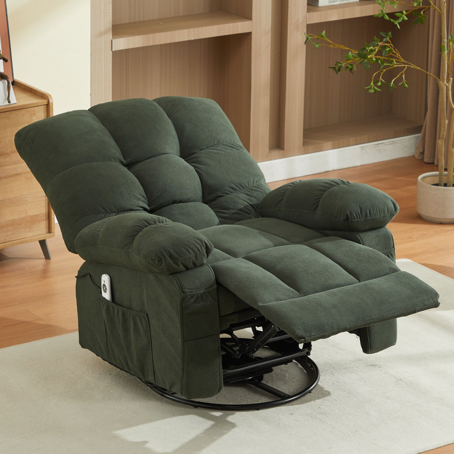 HSUNNS Oversized Swivel Recliner Chair for Adults, Living Room Fabric Recliner Chair with Massage and Heat, Single Sofa with USB Port, Side and Front Pocket, Green