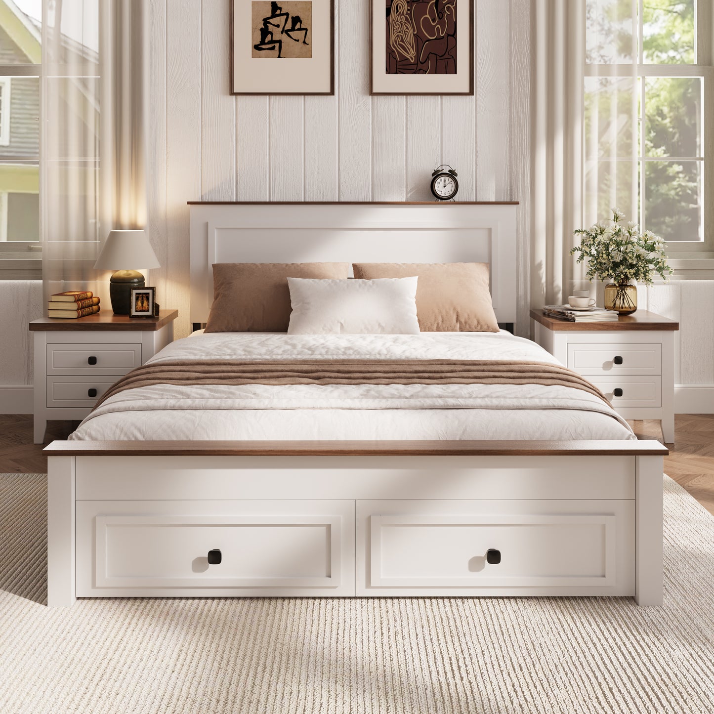 HSUNNS Full Size Bed Frame with Minimalist Headboard, Farmhouse Bedroom Furniture, Strong Solid Wood Slats Support, Platform Bed with Storage Chest with 2 Drawers, No Box Spring Needed