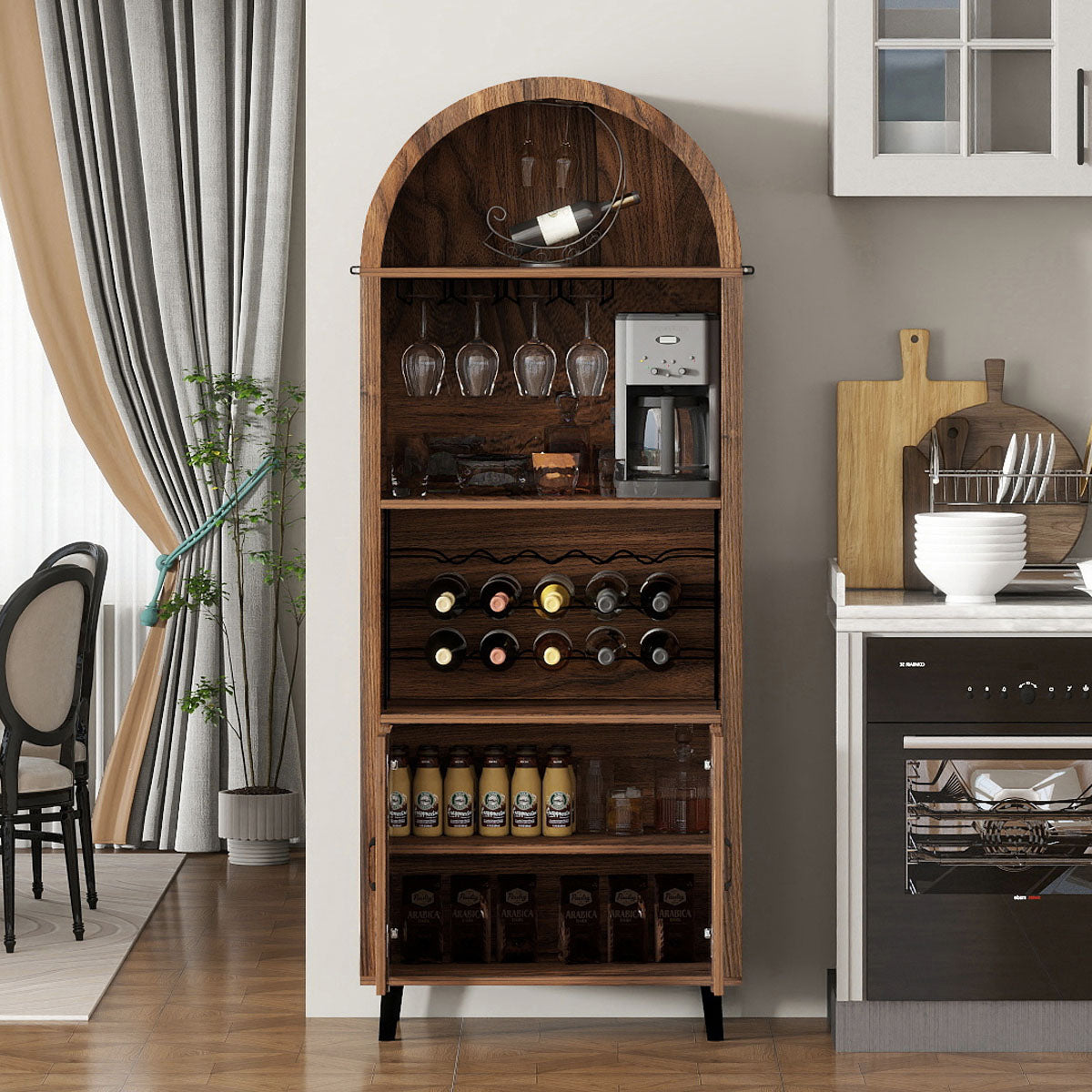HSUNNS 71"Farmhouse Tall Wine Bar Cabinet, Tall Arched Display Cabinet with Door & Glass Holder, Freestanding Cupboard Storage Cabinet, for Living Room, Kitchen