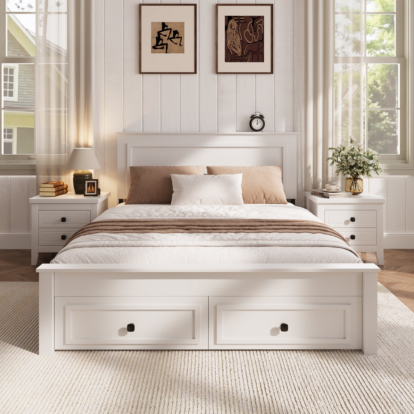 HSUNNS Full Size Bed Frame with Minimalist Headboard, Farmhouse Bedroom Furniture, Strong Solid Wood Slats Support, Platform Bed with Storage Chest with 2 Drawers, No Box Spring Needed