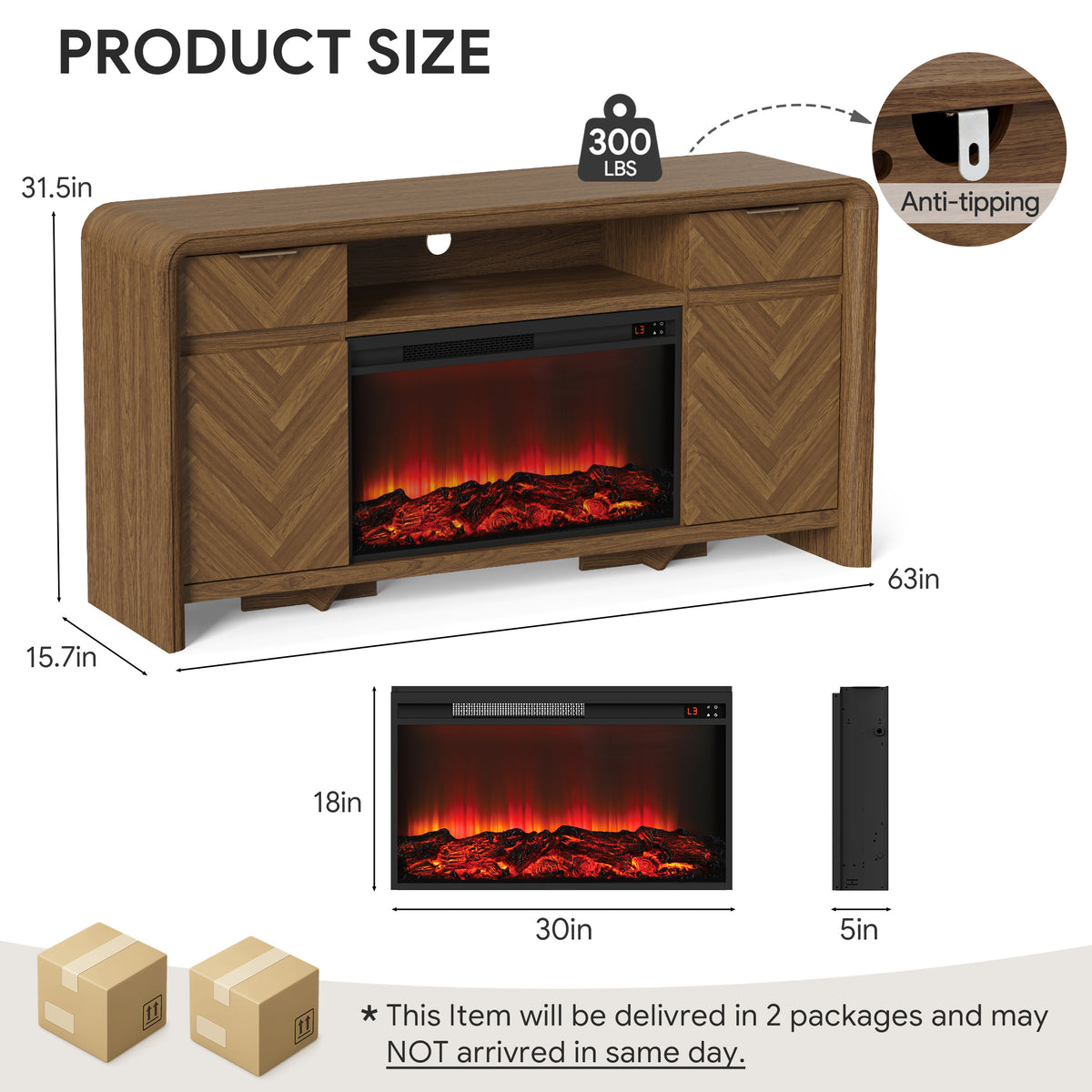 HSUNNS Warm Modern Fireplace TV Stand with Herringbone Storage Drawers & Cabinets, 63" Rounded Entertainment Center for TVs up to 70", Television Table With 30" Fireplace for Living Room