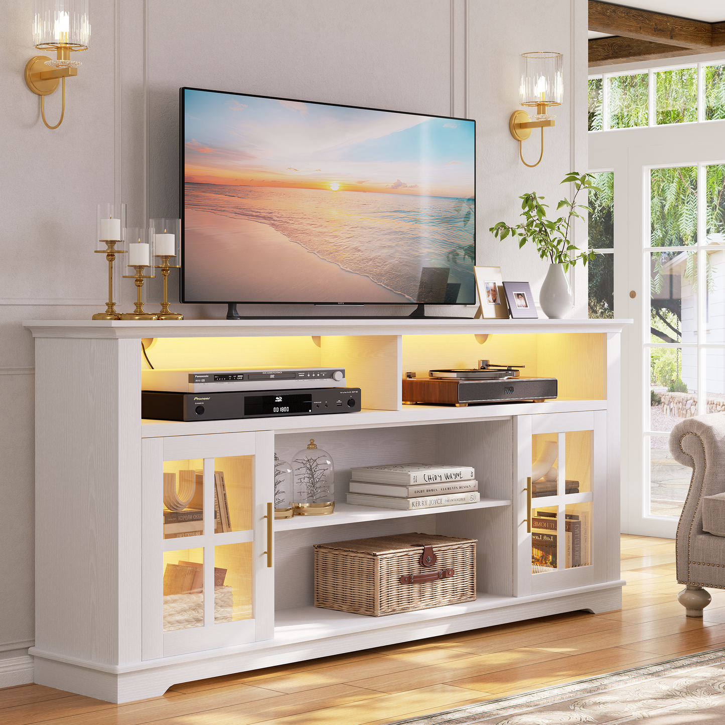 HSUNNS 63 Inch TV Stand with LED Lights for TVs up to 70 Inch, Modern Black Entertainment Center with Storage Cabinets, TV Console Media Cabinet for Living Room