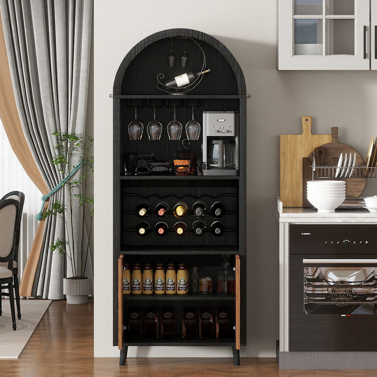 HSUNNS 71"Farmhouse Tall Wine Bar Cabinet, Tall Arched Display Cabinet with Door & Glass Holder, Freestanding Cupboard Storage Cabinet, for Living Room, Kitchen