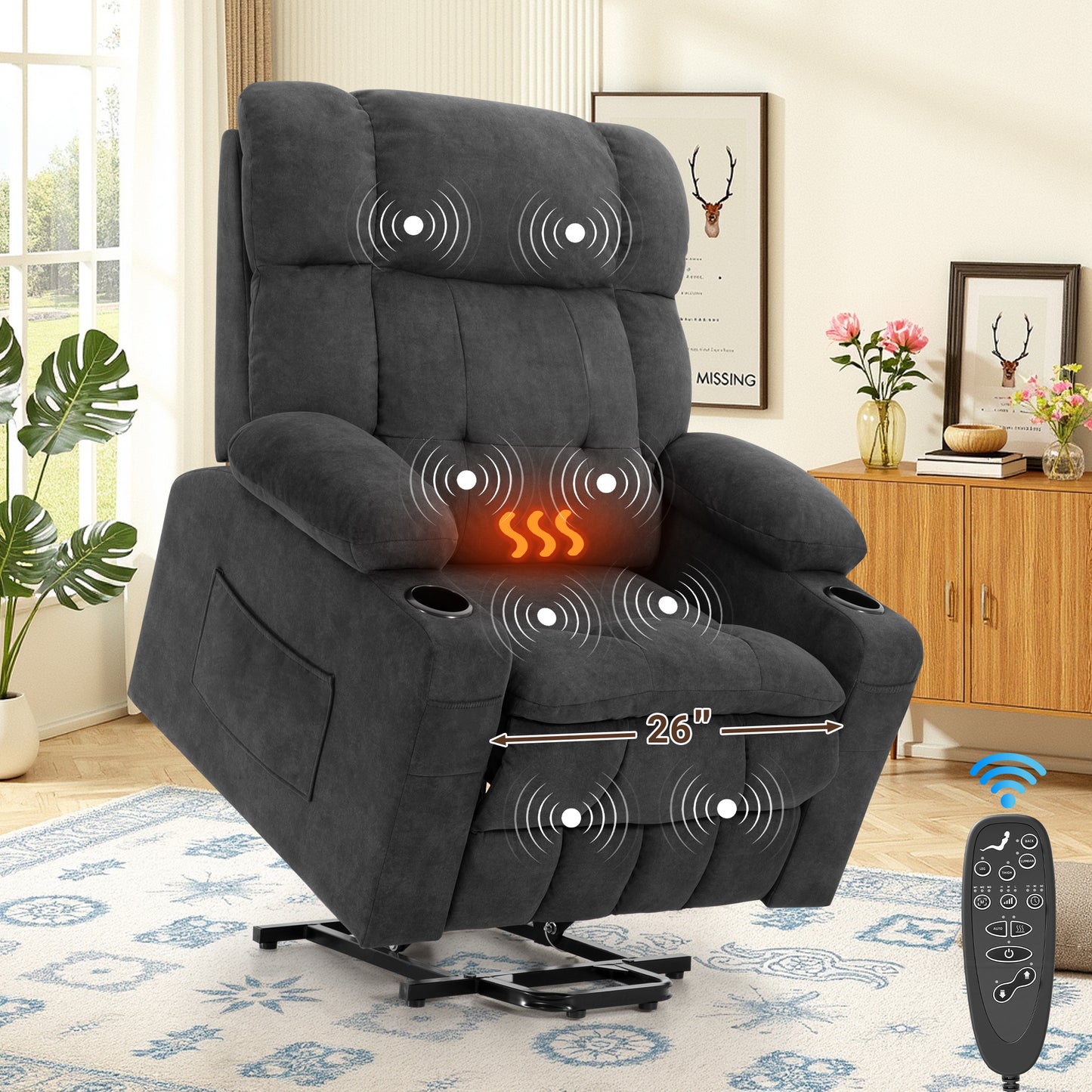 HSUNNS Oversized Power Lift Recliner Chair with Massage and Heat for Elderly Big and Tall People, Overstuffed Wide Recliners with 2 Cup Holders, Side Pocket for Living Room, Single Sofa