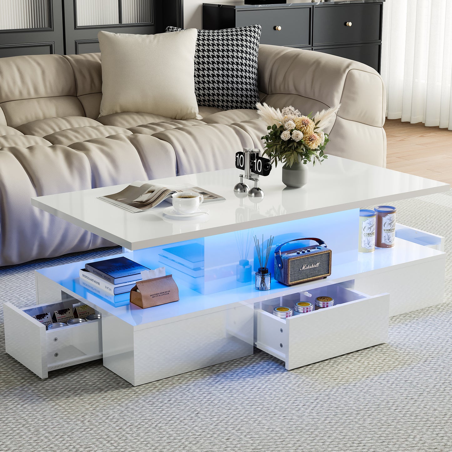 HSUNNS Black LED Coffee Table for Living Room, Modern High Glossy Center Table with 4 Drawers, Smart Cocktail Table Rectangle, Sofa Side Tea Tables with LED Lights, 40" L×24" W×15" H