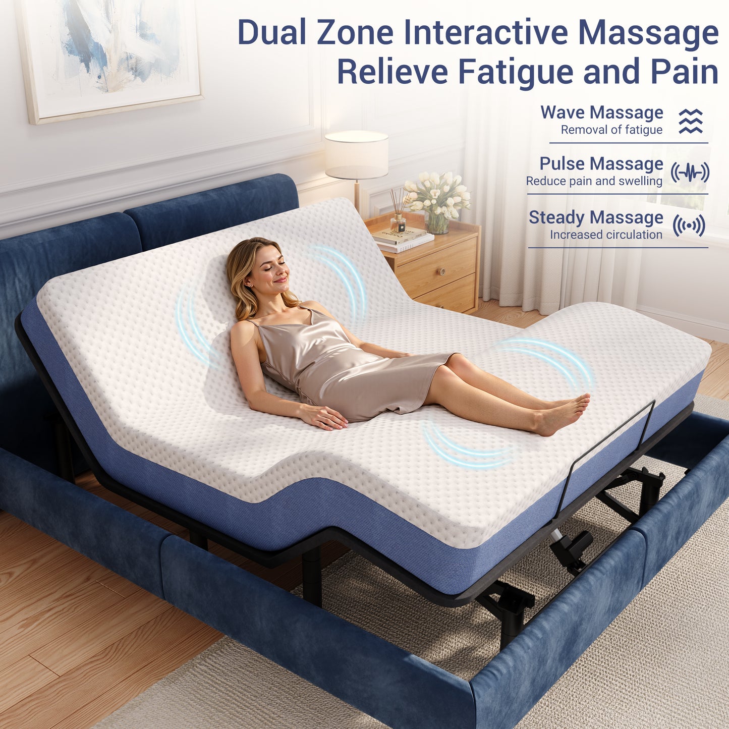 HSUNNS Queen Adjustable Bed Frame with Massage, 5 Modes & 3 Intensities, Head & Foot Incline, Zero Gravity Electric Bed Base with Wireless Remote, USB Ports, Night Light & Adjustable Legs
