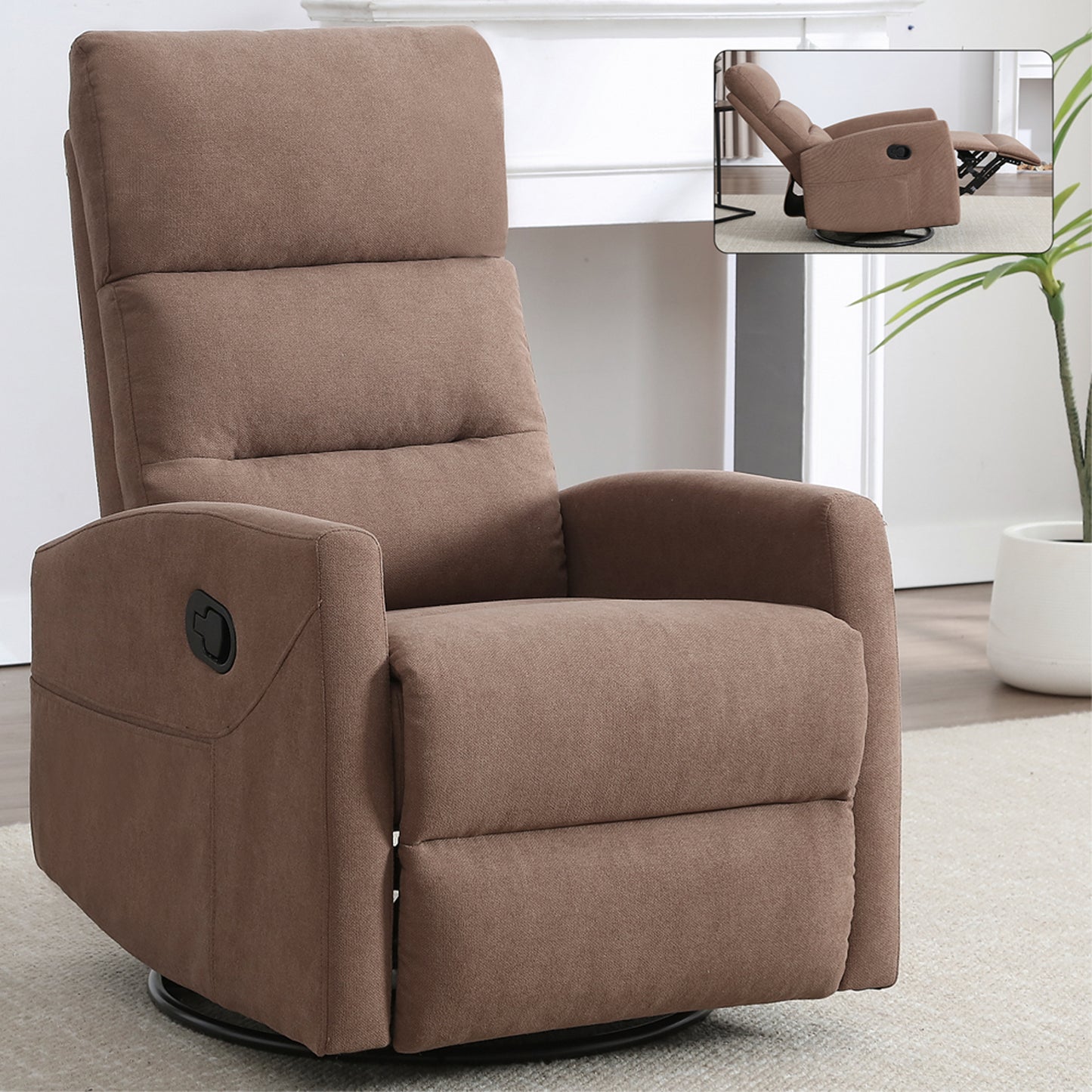 HSUNNS Swivel Rocker Recliner Chair for Adults, Manual Reclining Chair with Side Pocket, Living Room Chair 360 Degree Swivel Single Sofa, Fabric Recliner for Home Theater, Brown