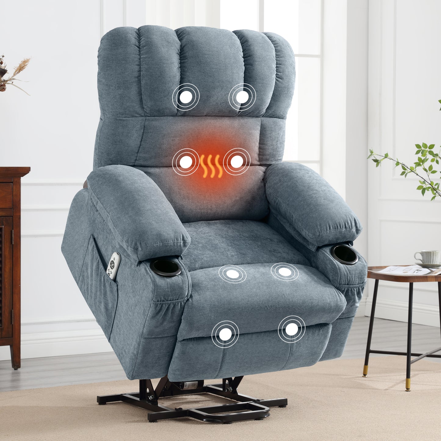HSUNNS Power Lift Recliner Chair with Heat and Vibration Massage, Fabric Elderly Oversized Reclining Sofa with USB Charge Port, Cup Holders and Side Pockets for Bedroom Home Theater, Blue