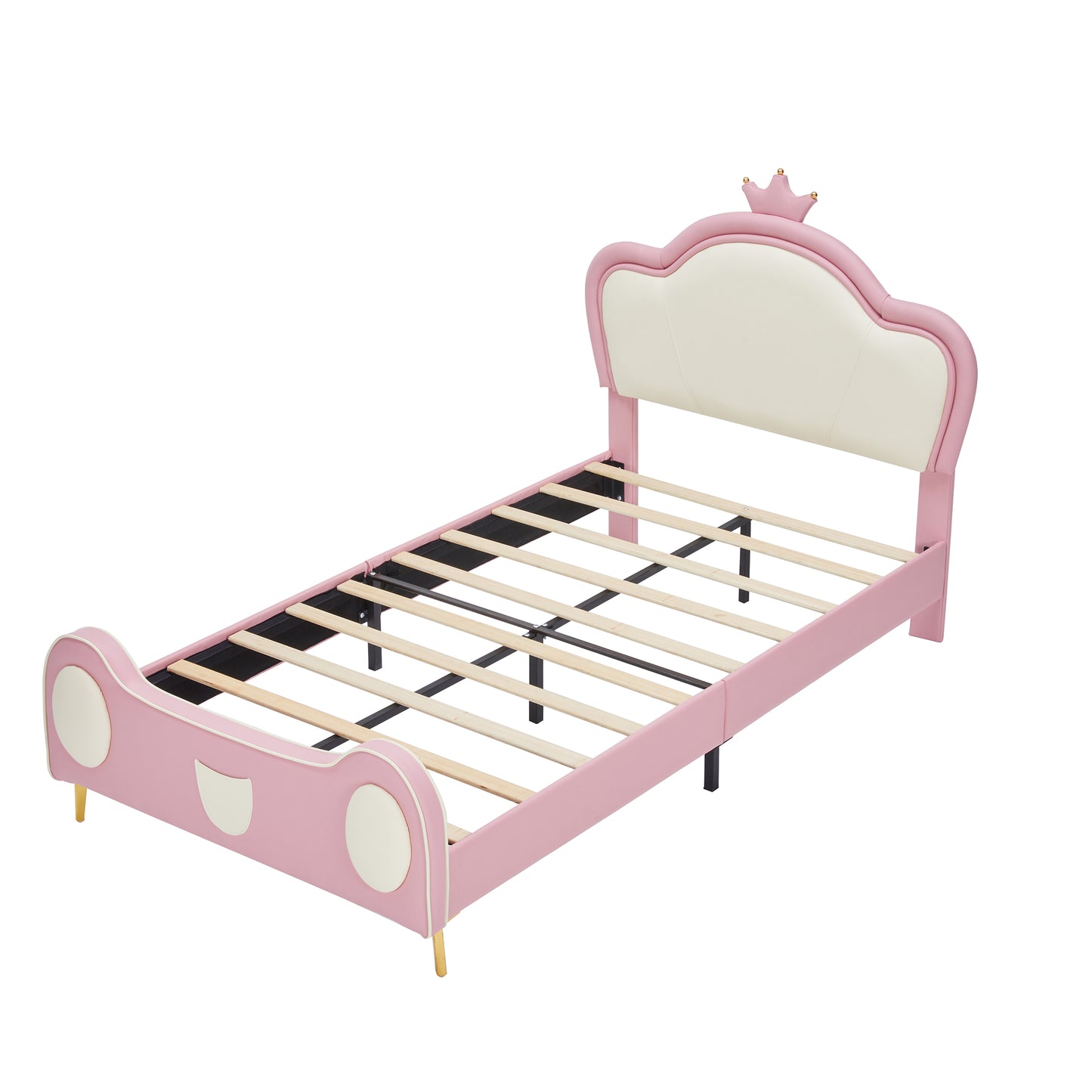 HSUNNS Twin Size Girl Bed with Crown Headboard, Soft PU Upholstered Princess Platform Bed Frame with Storage Pocket, No Spring Box Needed, Easy Assembly,Pink