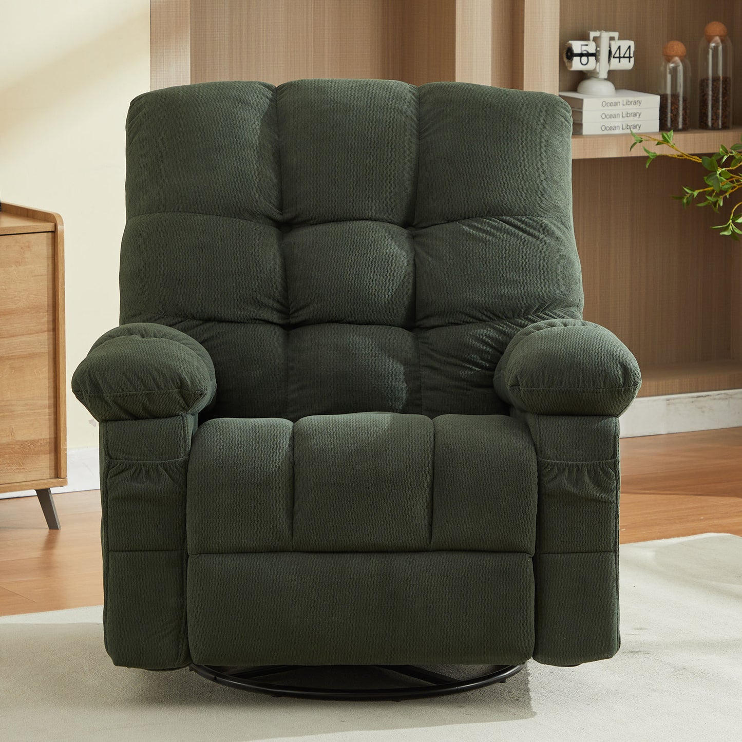 HSUNNS Oversized Swivel Recliner Chair for Adults, Living Room Fabric Recliner Chair with Massage and Heat, Single Sofa with USB Port, Side and Front Pocket, Green