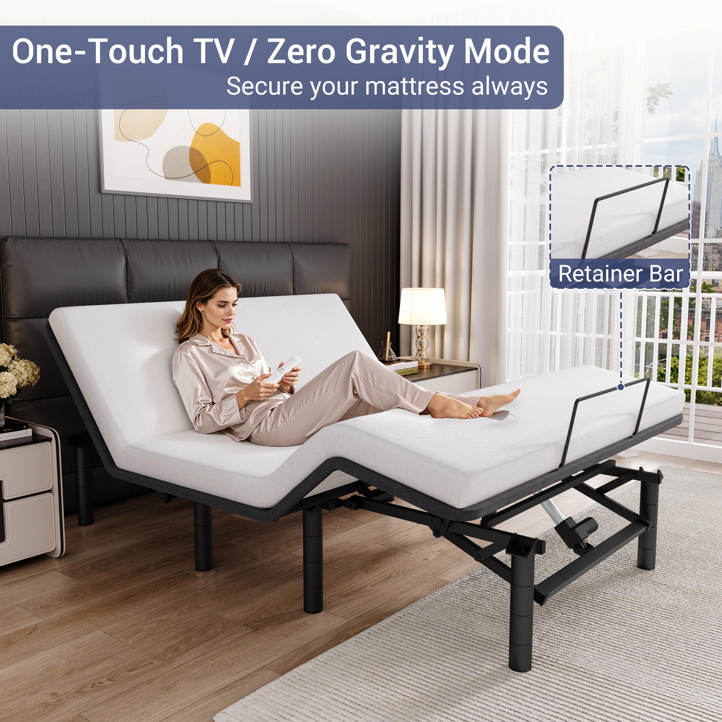 HSUNNS Queen Adjustable Bed Frame with Massage, 5 Modes & 3 Intensities, Head & Foot Incline, Zero Gravity Electric Bed Base with Wireless Remote, USB Ports, Night Light & Adjustable Legs