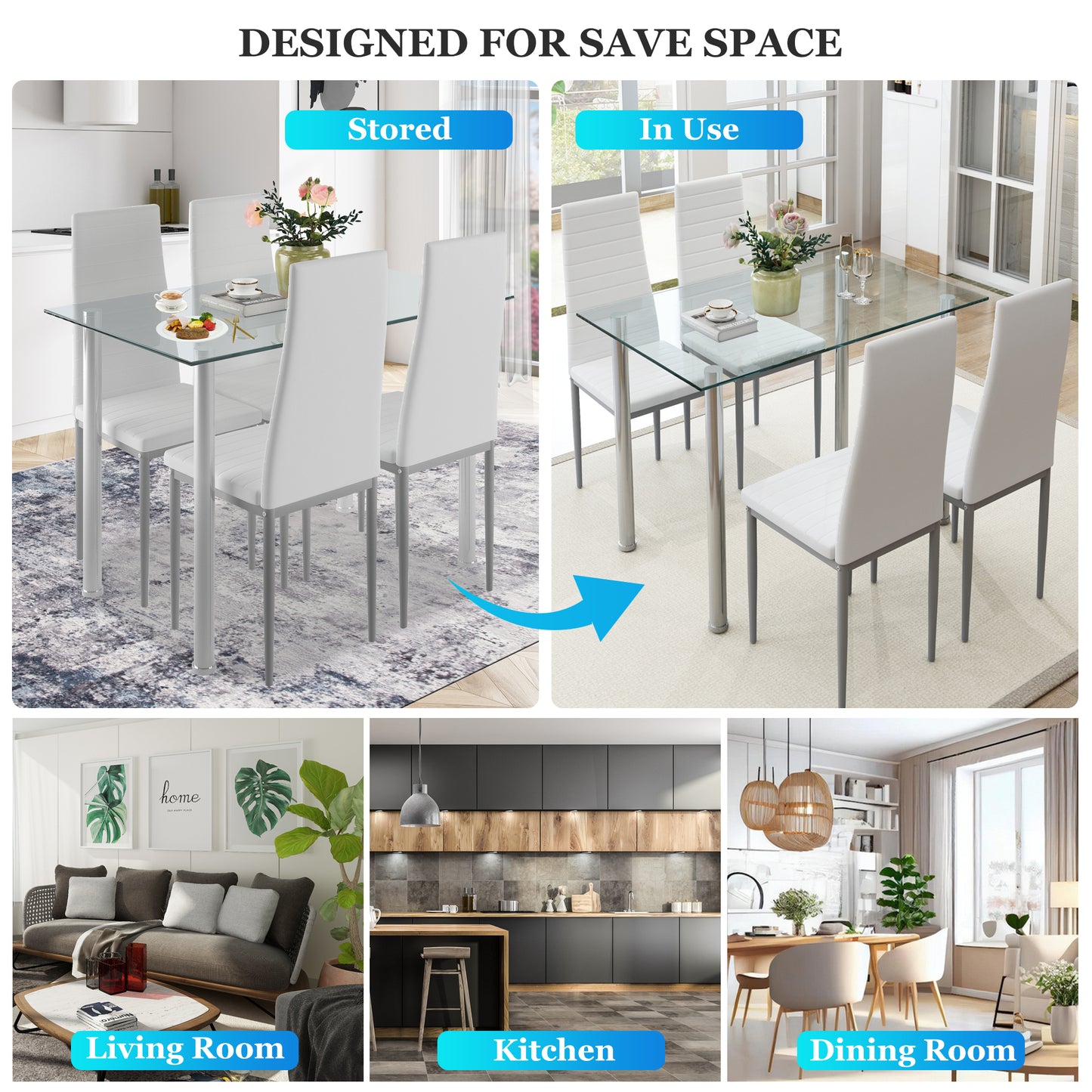 5 Piece Glass Dining Table Set, HSUNNS Rectangle Tempered Glass Dining Set with 4 High Back Chairs, Kitchen Table Set for 4, Modern Dining Room Furniture, White