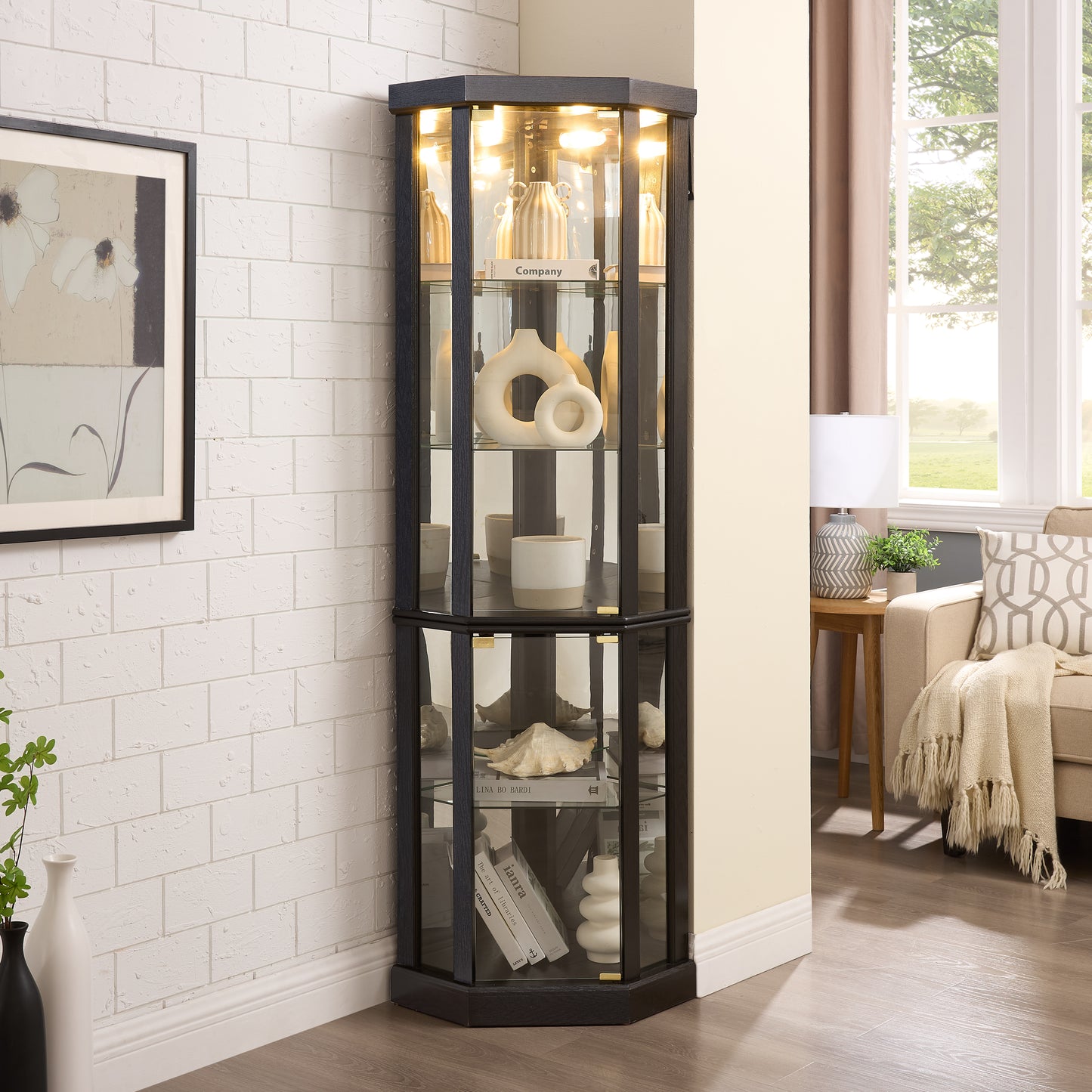 Curio Cabinets, HSUNNS 70-inch Corner Glass Display Cabinet with Adjustable Shelves & Lights - Perfect for Antique Collections, Displaying Photos, Artworks