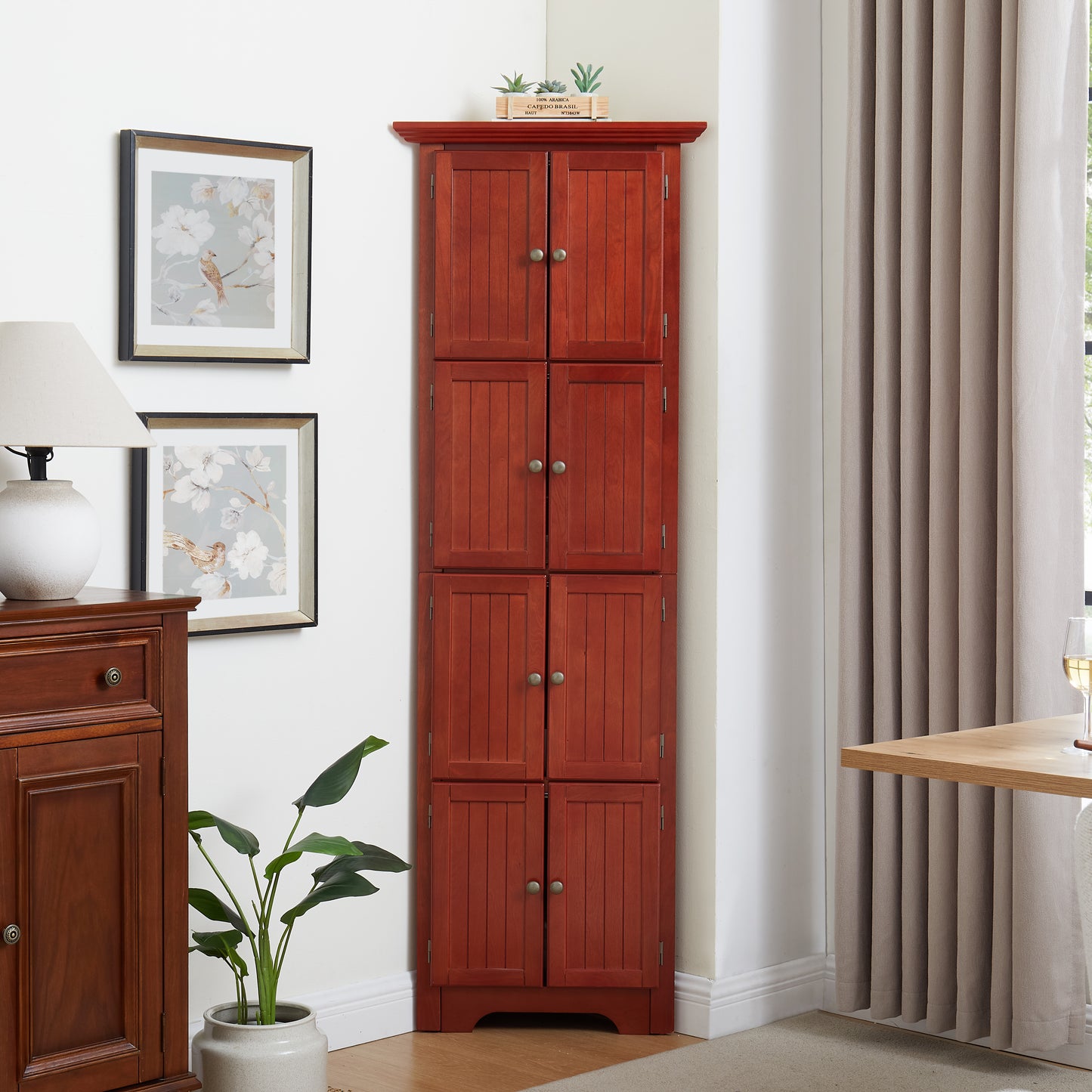 HSUNNS 4-Tier 72" Tall Corner Kitchen Pantry Storage Cabinet with 8 Doors, Freestanding Cupboard Storage Cabinet with Shelves, Home farmhouse bookshelf Cabinet for Kitchen, Bathroom, Living room, Oak