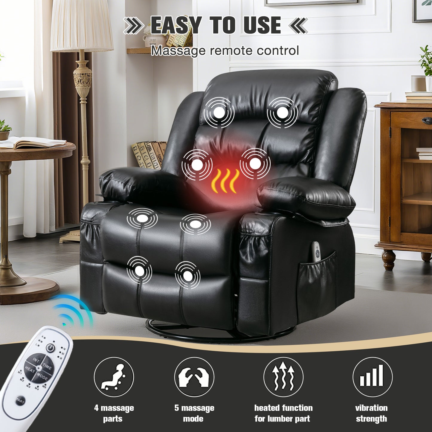HSUNNS 360°Swivel Recliner Chair for Adults, Living Room PU Leather Recliner Chair with Massage and Heat, Single Sofa with USB Port, 2 Cup Holder, Side and Front Pocket, Black