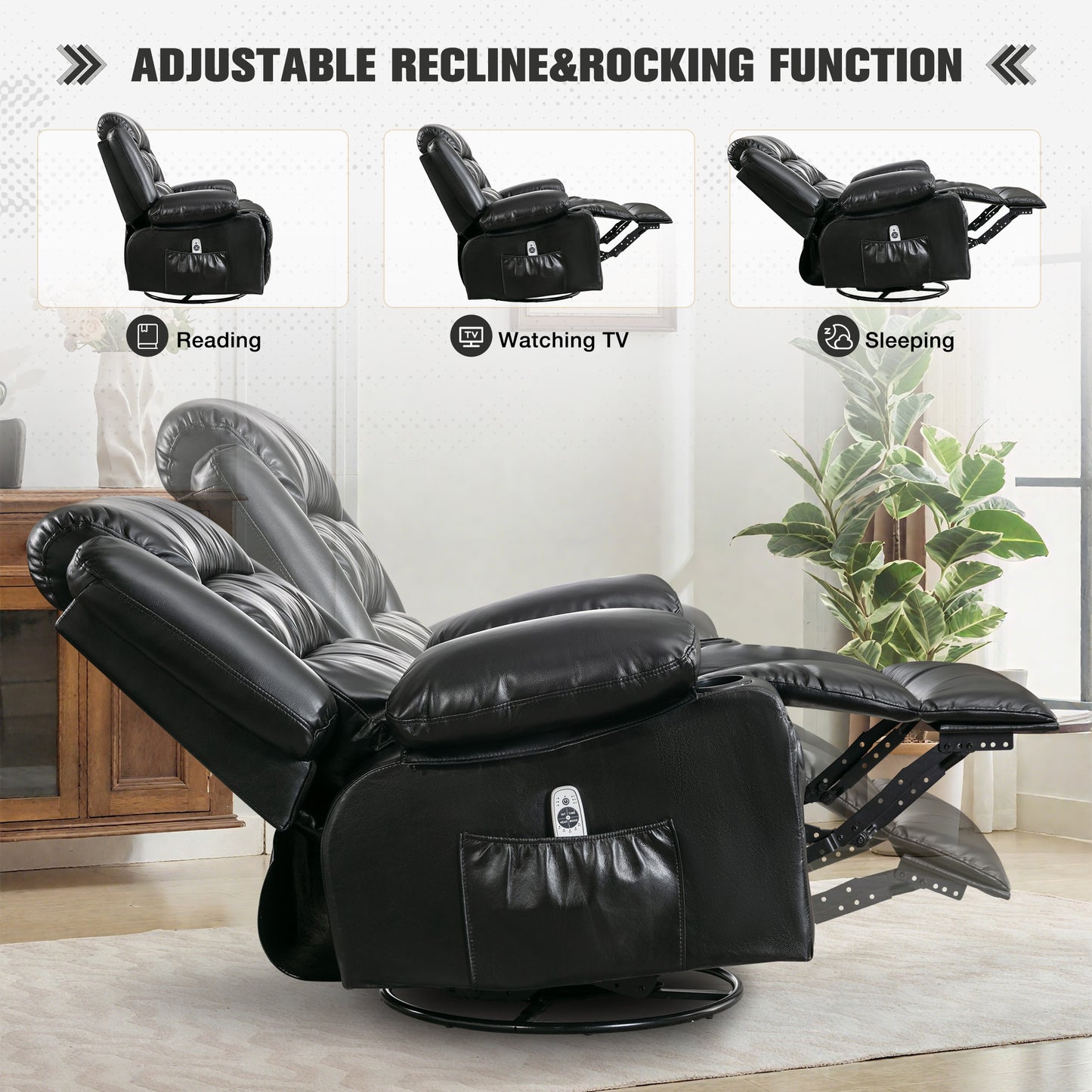 HSUNNS 360°Swivel Recliner Chair for Adults, Living Room PU Leather Recliner Chair with Massage and Heat, Single Sofa with USB Port, 2 Cup Holder, Side and Front Pocket, Black
