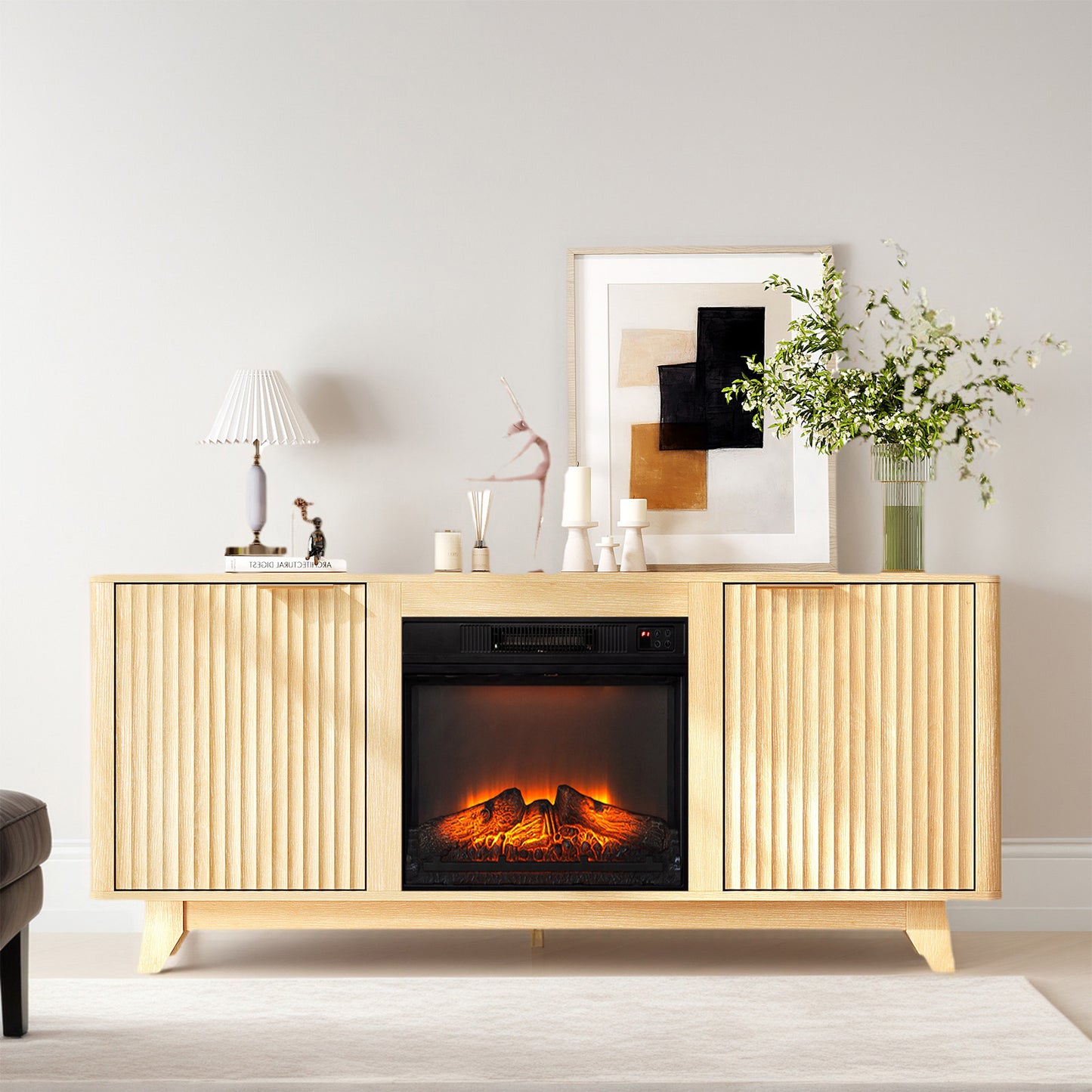 HSUNNS 58" Fireplace TV Stand with 23" Electric Fireplace Insert, Modern Media Console with Open Shelves, Oak Finish, Double Grid Doors & Gold Handles – Storage Entertainment Center for Living Room