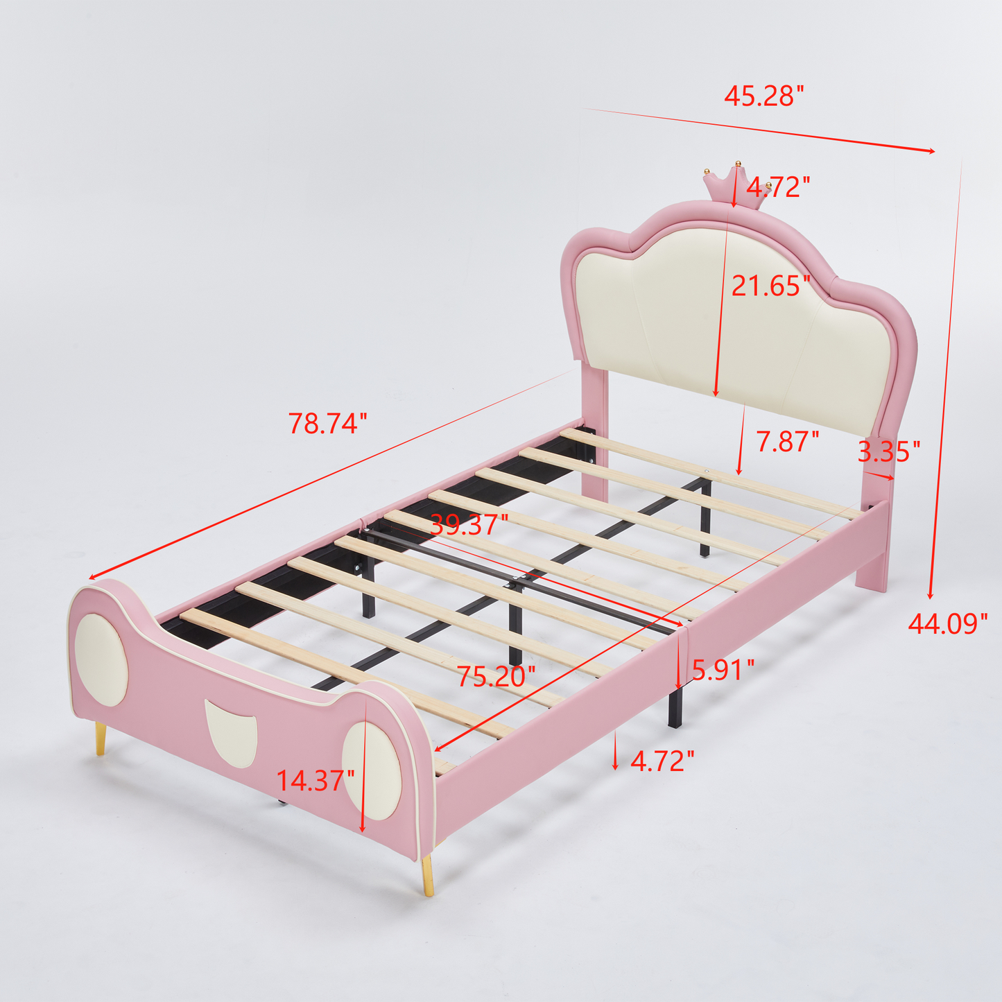HSUNNS Twin Size Girl Bed with Crown Headboard, Soft PU Upholstered Princess Platform Bed Frame with Storage Pocket, No Spring Box Needed, Easy Assembly,Pink