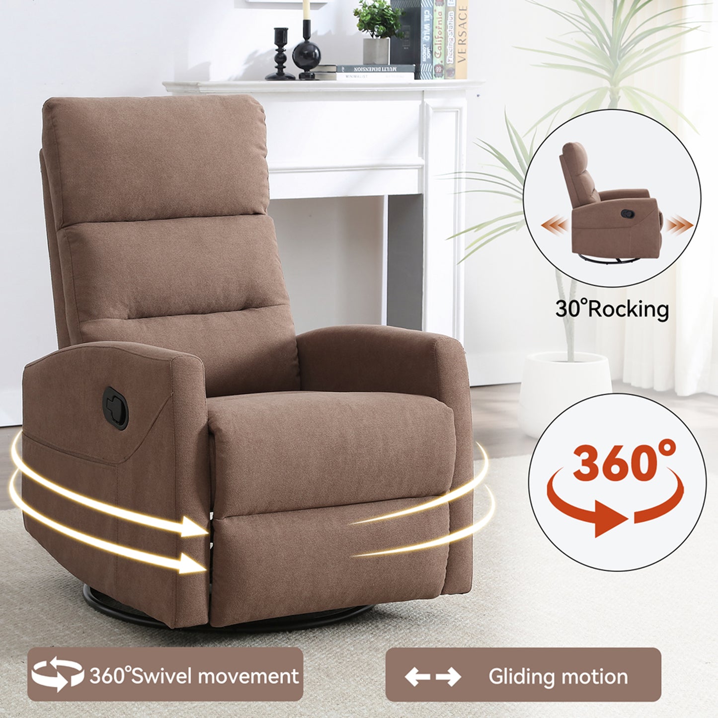 HSUNNS Swivel Rocker Recliner Chair for Adults, Manual Reclining Chair with Side Pocket, Living Room Chair 360 Degree Swivel Single Sofa, Fabric Recliner for Home Theater, Brown