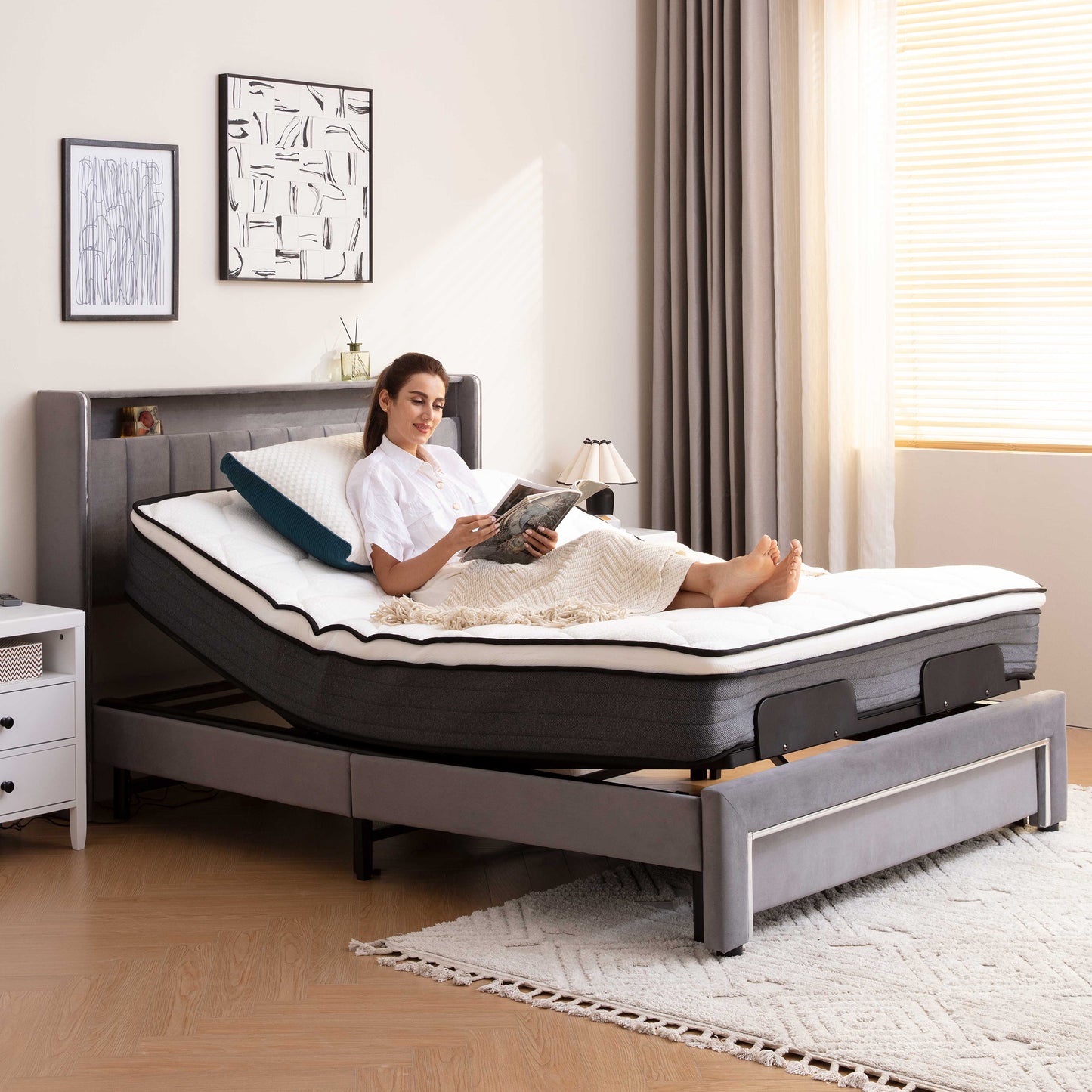 HSUNNS Electric Adjustable Bed Base Frame with Wireless Remote Head and Foot Incline, Ergonomic Power Platform Bed Base with One Touch Comfort Positions, Advanced Smooth Silent Operation, Queen