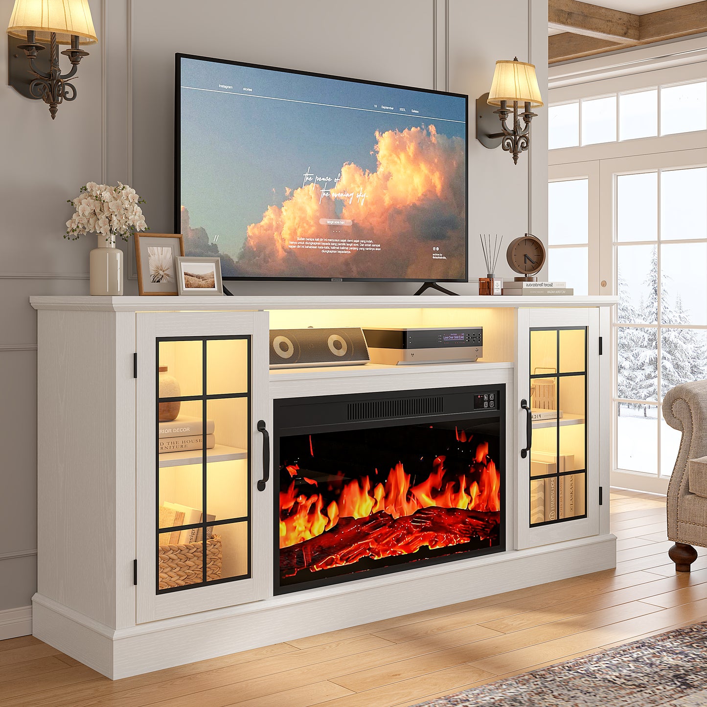 HSUNNS 63" Fireplace TV Stand for TVs up to 70" with 32" Electric Fireplace, Console Entertainment Center Television Table with LED for Living Room or Bedroom, White