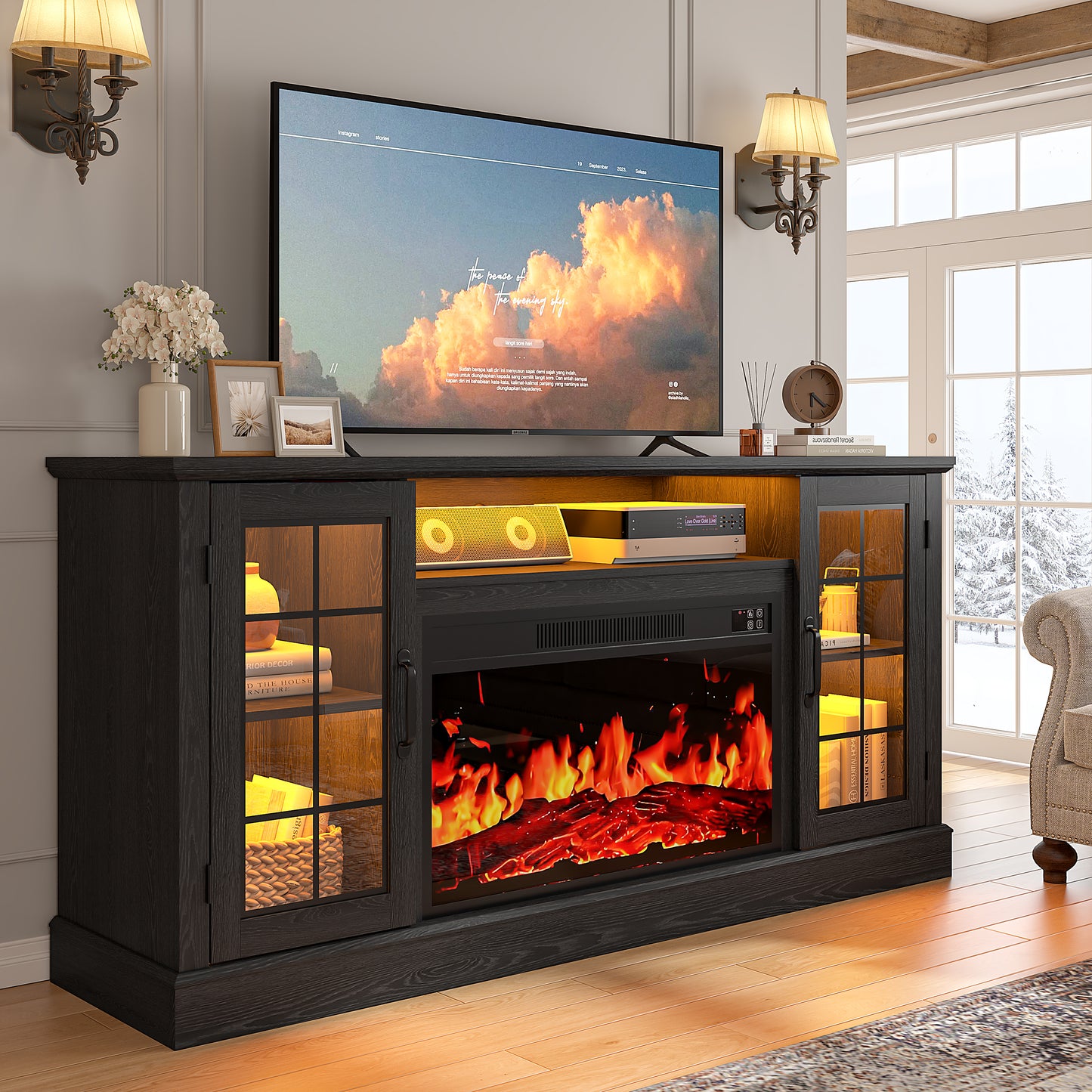 HSUNNS Fireplace Electric TV Stand TV with LED Light, Modern Entertainment Center With Virtual Flame Fireplace, 2 Cabinet Storage, Glass Door, Storage Shelves, Black