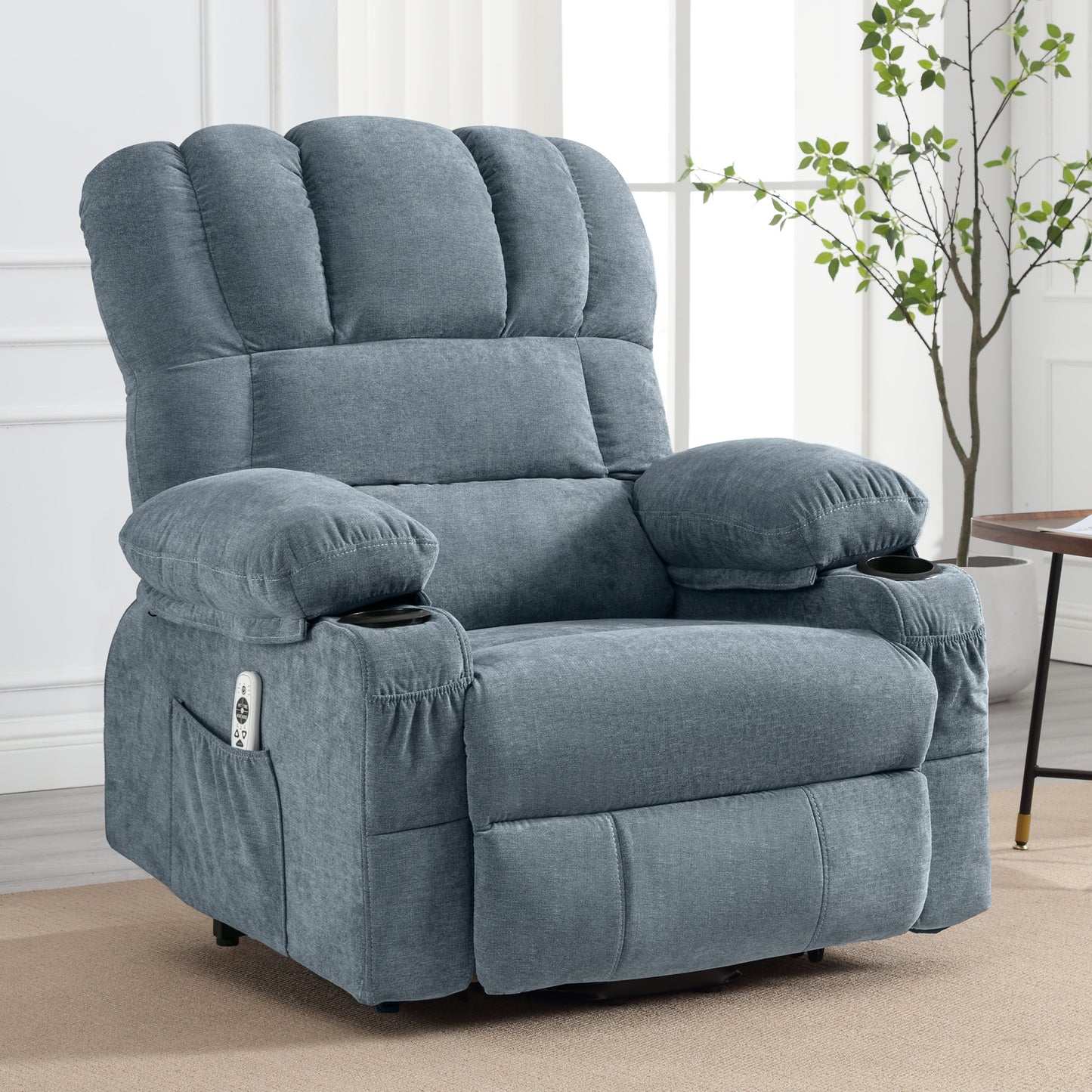 HSUNNS Power Lift Recliner Chair with Heat and Vibration Massage, Fabric Elderly Oversized Reclining Sofa with USB Charge Port, Cup Holders and Side Pockets for Bedroom Home Theater, Blue