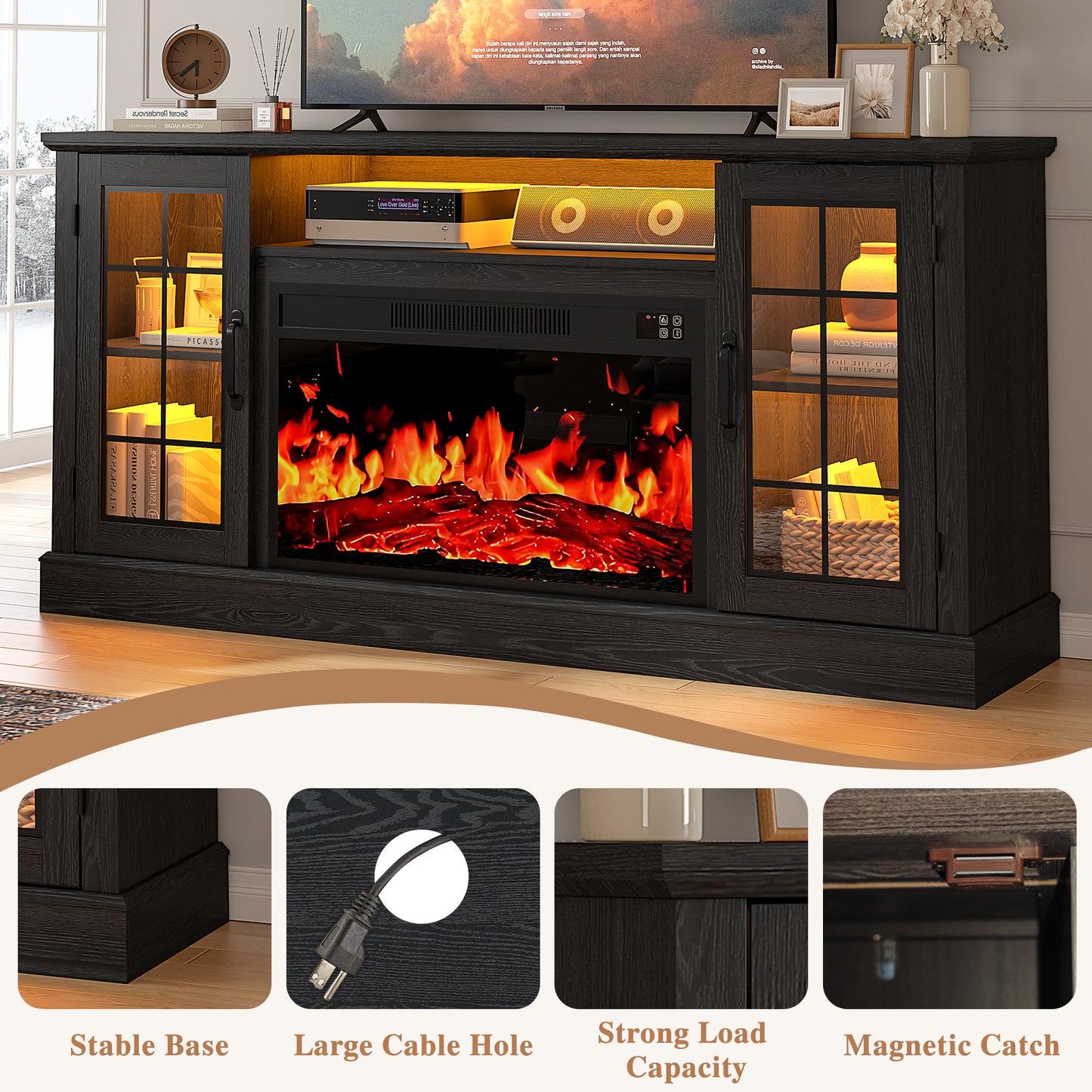HSUNNS Fireplace Electric TV Stand TV with LED Light, Modern Entertainment Center With Virtual Flame Fireplace, 2 Cabinet Storage, Glass Door, Storage Shelves, Black