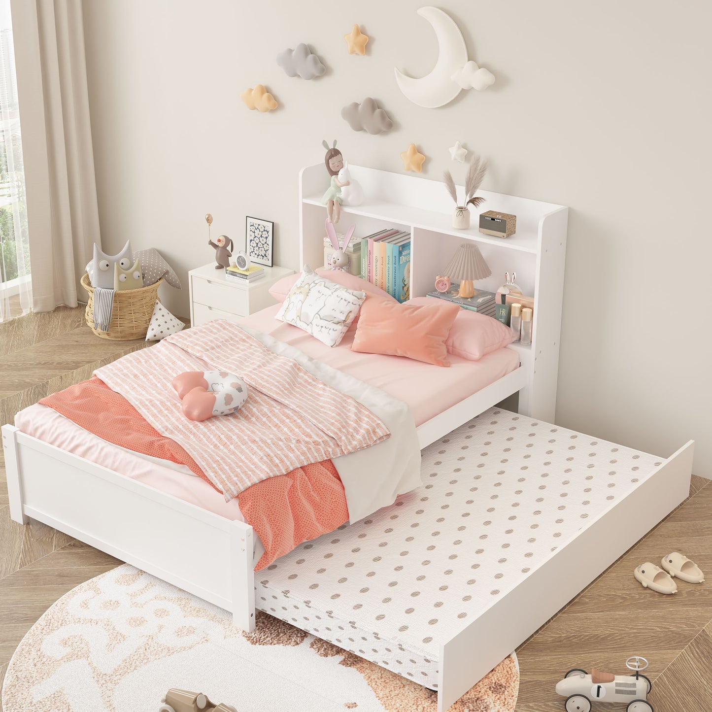 Twin Bed Frame with Trundle and Storage Bookcase, Modern Kids Platform Bed Frame with Pull Out Trundle, Solid Wood Trundle Bed with Headboard and Footboard, No Box Spring Needed, Gray