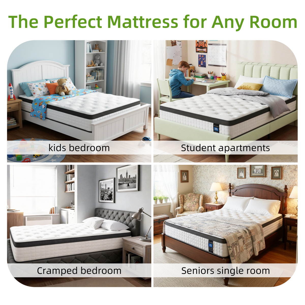 Twin Mattress 12", HSUNNS Hybrid Mattress with Gel Memory Foam and Independent Pocket Springs, Mattress in a Box, Medium Firm, Pressure Relief & Support, White