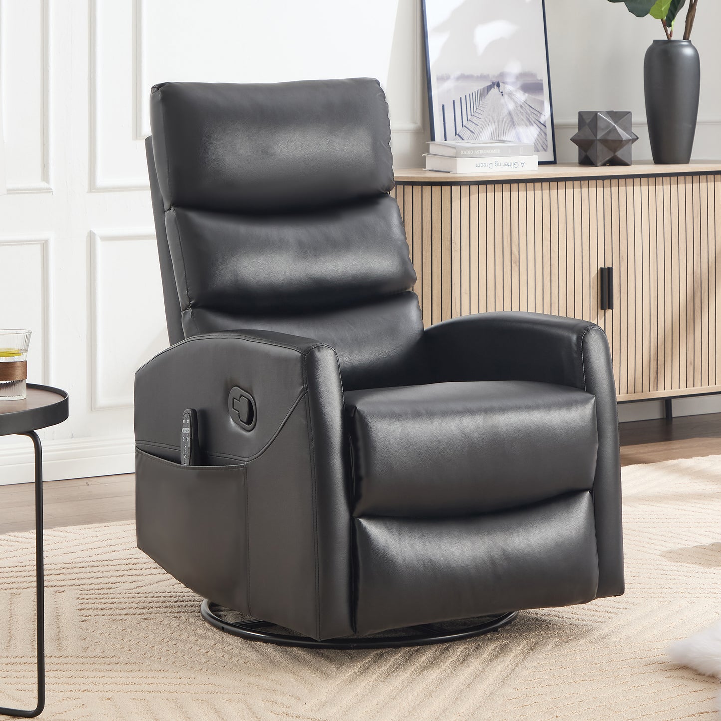 HSUNNS Swivel Rocker Recliner for Adults, Faux Leather Swivel Rocker Recliner Chair with Heat Therapy and Massage, Manual Single Rocker Sofa with Side Pockets for Living Room Home Theater