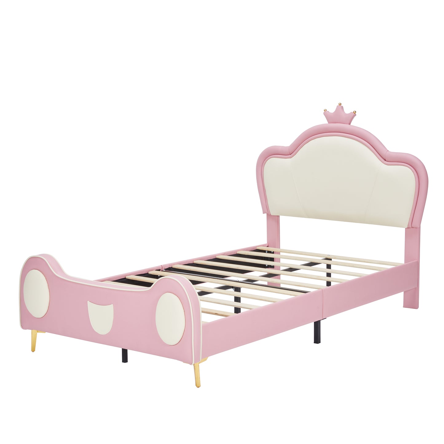 HSUNNS Twin Size Girl Bed with Crown Headboard, Soft PU Upholstered Princess Platform Bed Frame with Storage Pocket, No Spring Box Needed, Easy Assembly,Pink