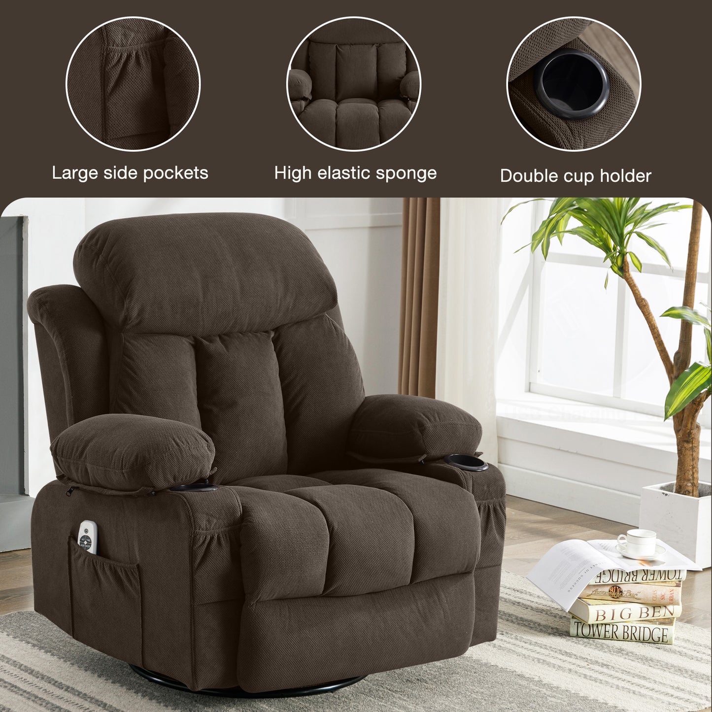 HSUNNS Manual Recliner Chair with Heat Therapy and Massage Function, Swivel Reclining Mechanism Massage Chair, Single Rocker Sofa with Cup Holders for Bedroom Home Theater, Coffee
