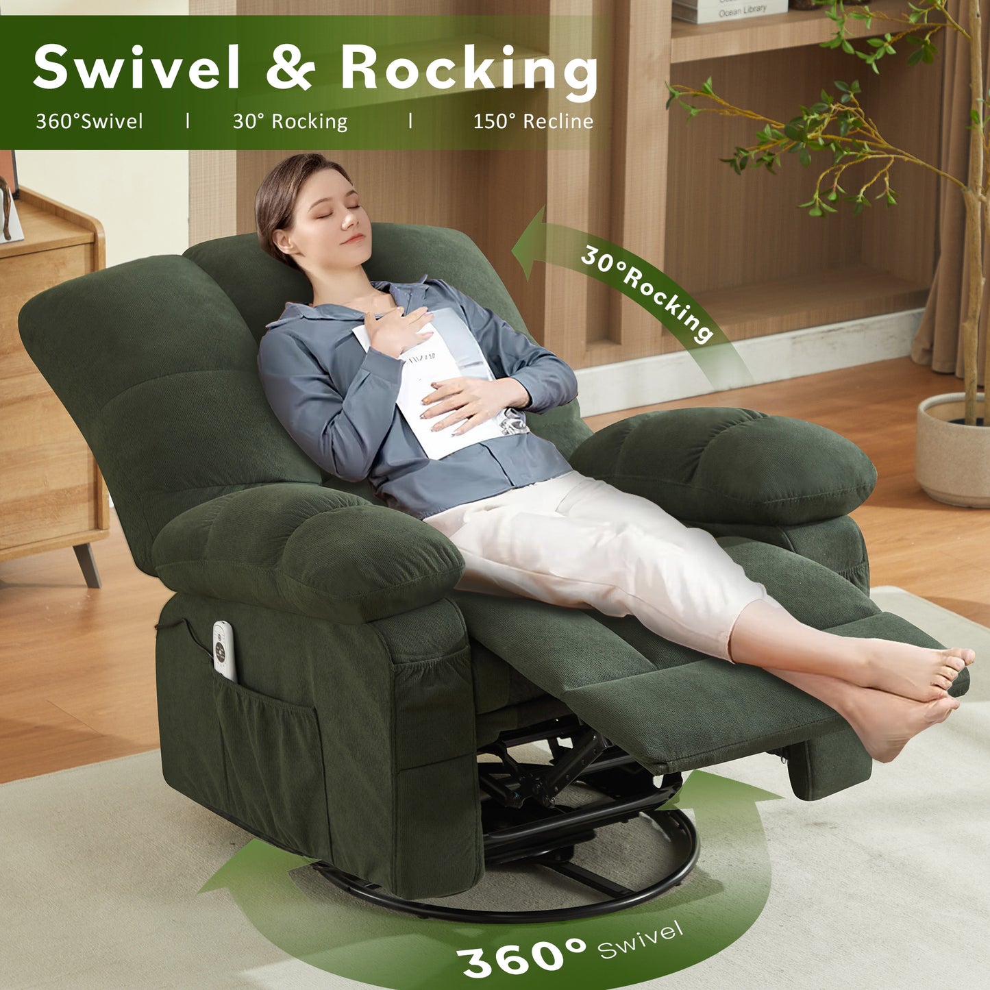HSUNNS Oversized Swivel Recliner Chair for Adults, Living Room Fabric Recliner Chair with Massage and Heat, Single Sofa with USB Port, Side and Front Pocket, Green
