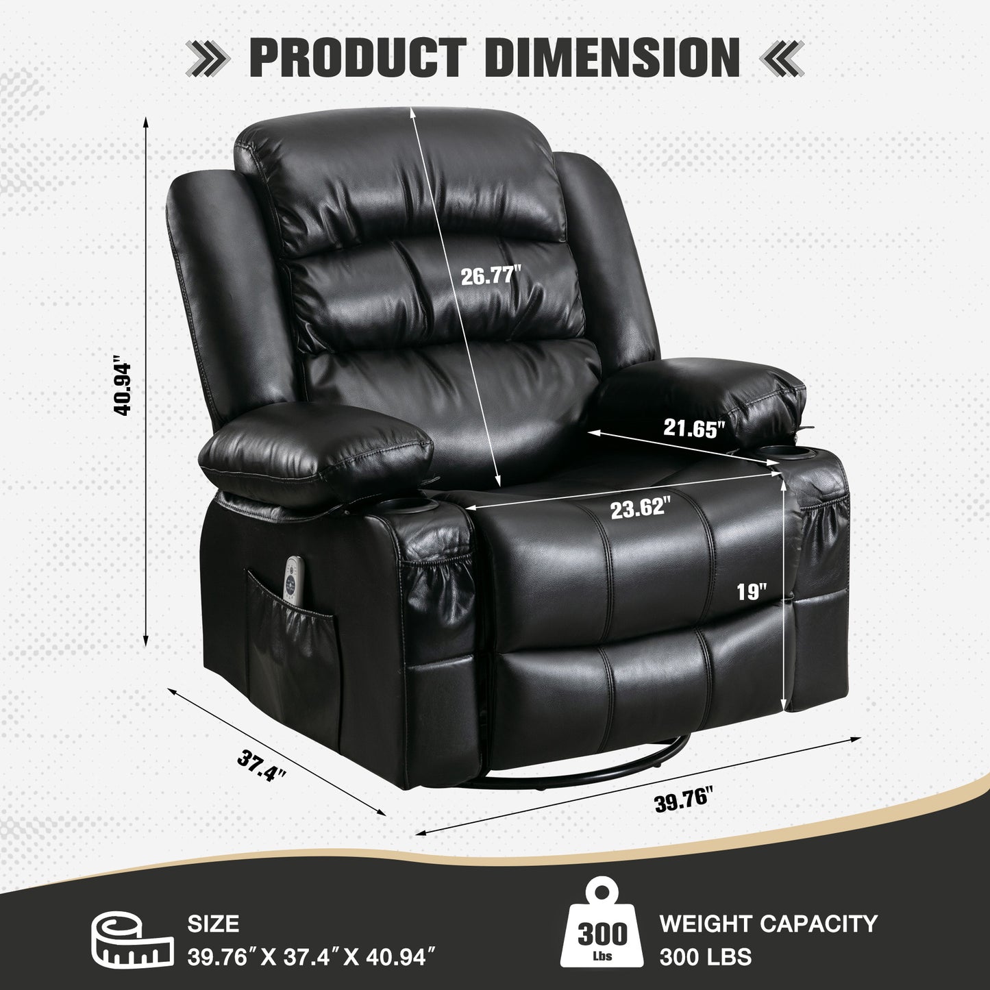 HSUNNS 360°Swivel Recliner Chair for Adults, Living Room PU Leather Recliner Chair with Massage and Heat, Single Sofa with USB Port, 2 Cup Holder, Side and Front Pocket, Black