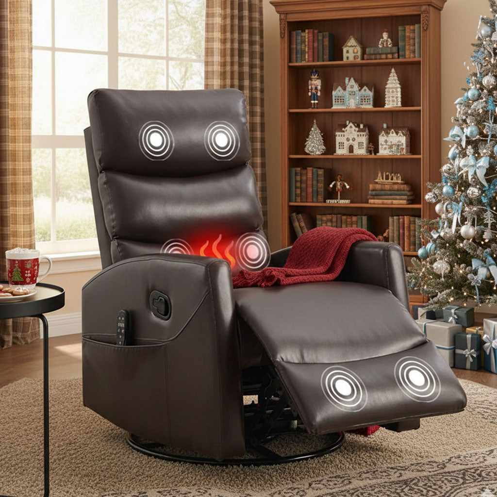 HSUNNS Swivel Rocker Recliner for Adults, Faux Leather Swivel Rocker Recliner Chair with Heat Therapy and Massage, Manual Single Rocker Sofa with Side Pockets for Living Room Home Theater