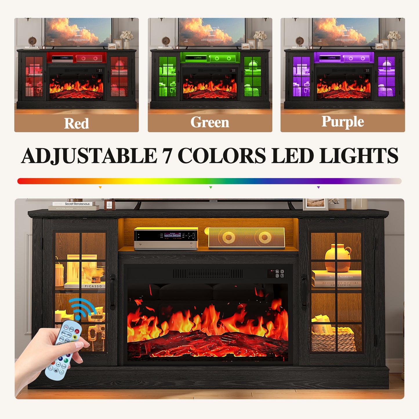 HSUNNS Fireplace Electric TV Stand TV with LED Light, Modern Entertainment Center With Virtual Flame Fireplace, 2 Cabinet Storage, Glass Door, Storage Shelves, Black